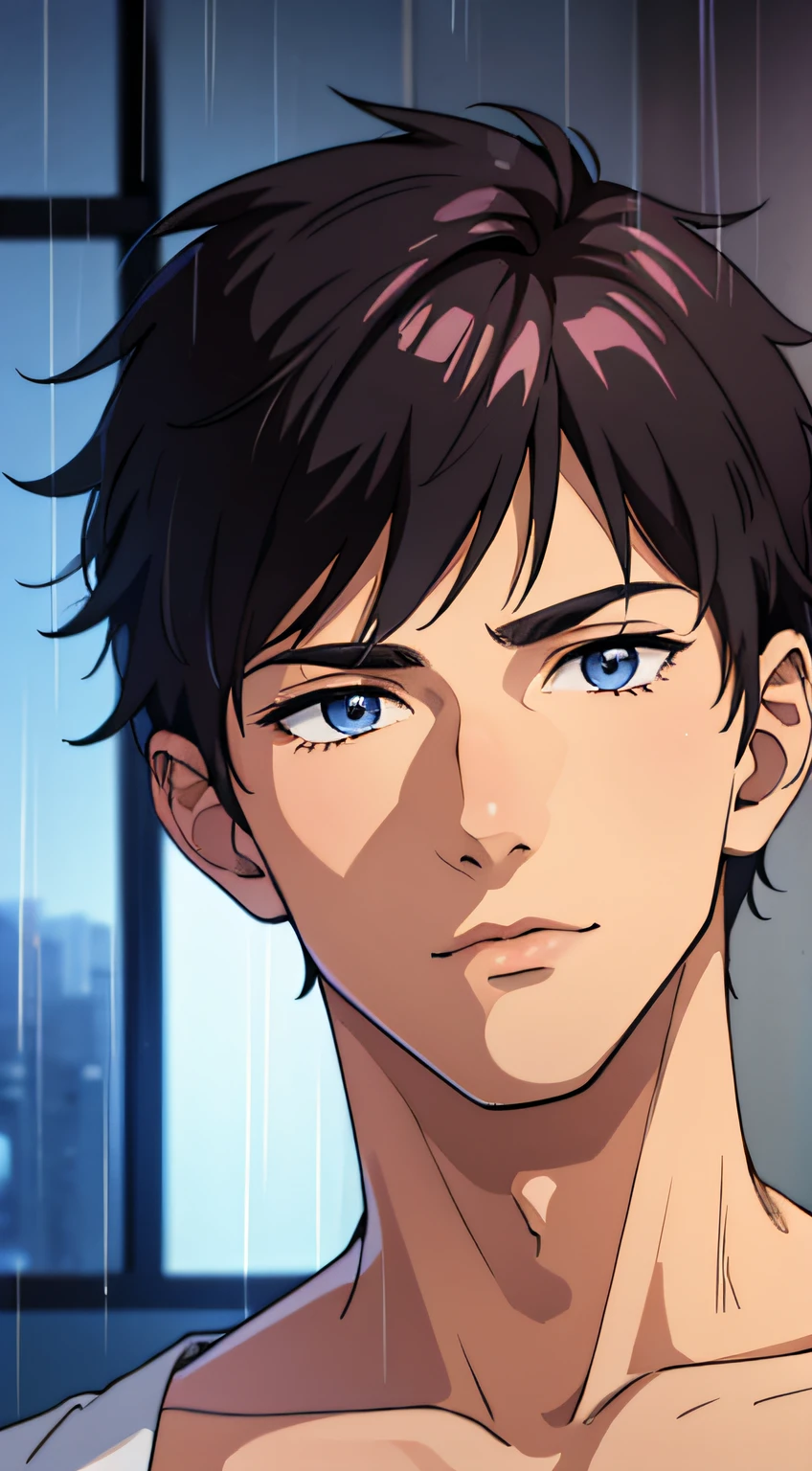 masterpiece, best quality, ultra high detailed,full-color, 1 boy, anime style, close-up of a handsome 19 year old male, he is in his room, the room is dark, dim lights only, backlit, night, rain, the light is dark insie the cafe, the boy is very handsome, his face has perfect ratio, detailed face, very short hair, big beautiful yet masculine eyes, he is shy,