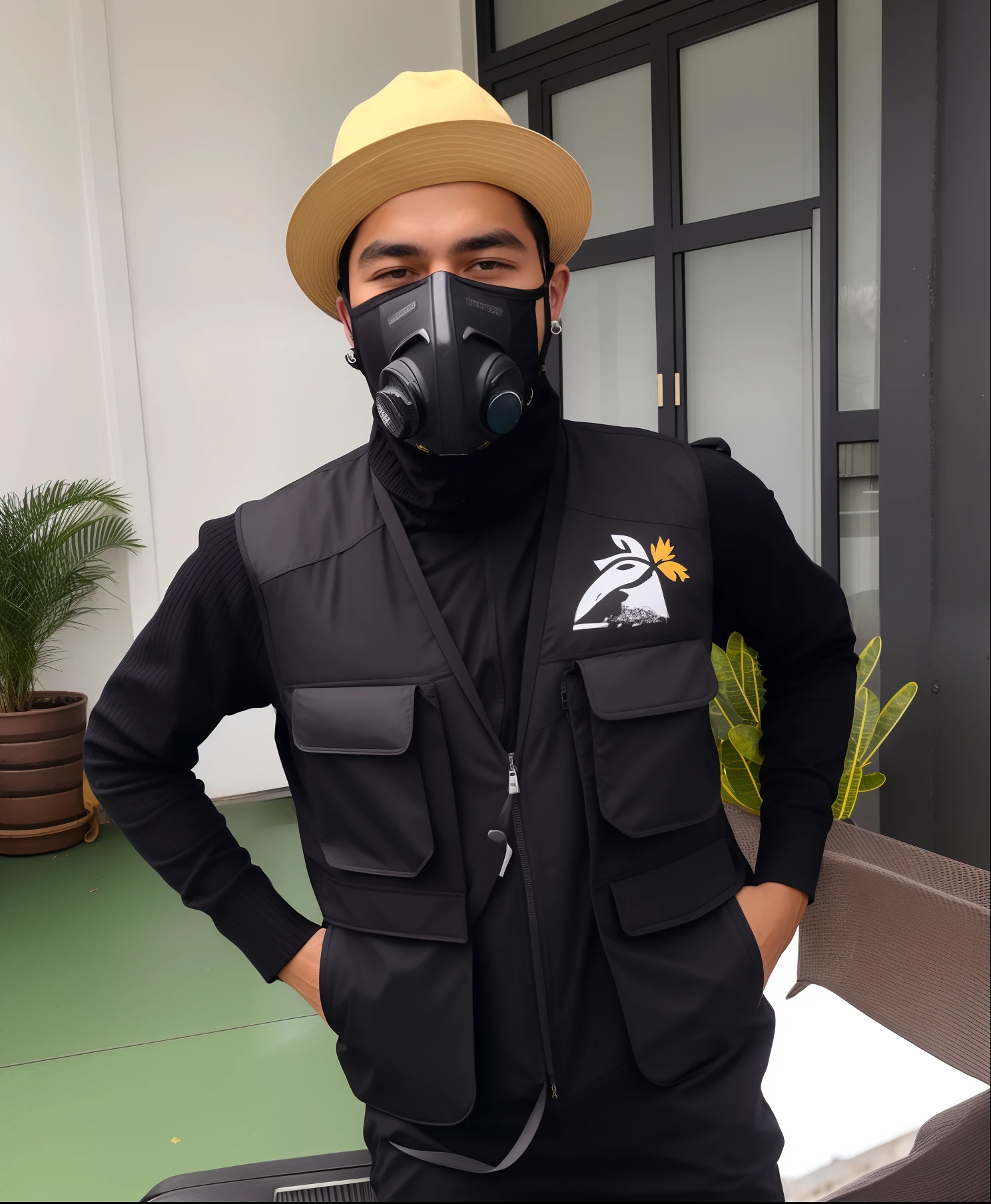 Man wearing mask and hat in front of a suitcase, vestindo roupas espaciais, model is wearing techtical vest, wearing all black mempo mask, vestindo demobaza fashion, vestindo roupas urbanas, inspirado em Zvest Apollonio, vestindo jaqueta cyberpunk 2 0 7 7, vestido de catador, wearing a botanical gas mask