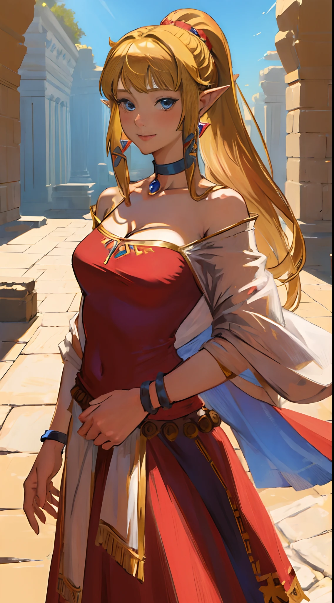 (adult woman:1.4)(masterpiece, best quality:1.2), 1girl,solo,(looking at viewer), princess, Zelda, red theme, long strapless dress, blonde hair, bare shoulders, blue eyes, palace, cowboy shot, ponytail,(blushing), (collar), (smiling:0.7),(see-through:0.3)(eyes open:1.3),(excited:0.4)(surprised:0.5)