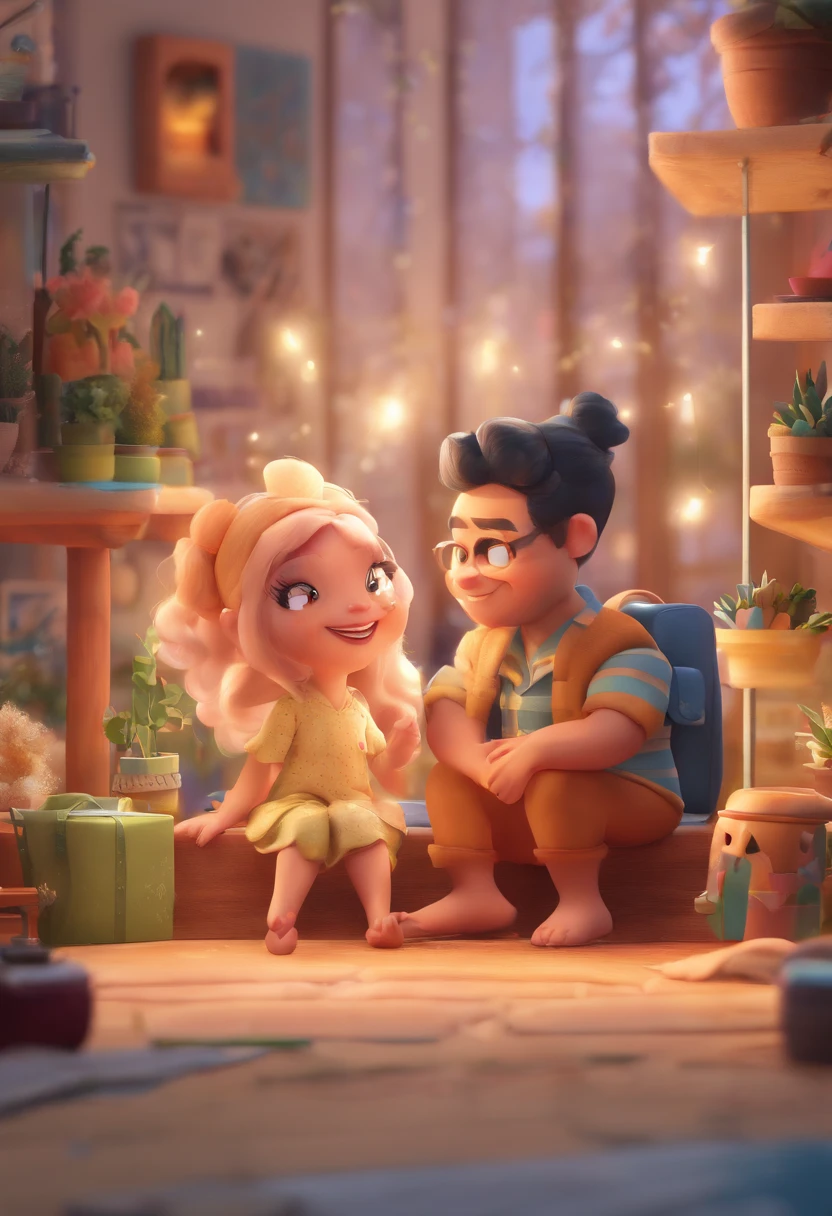 An illustration of an adorable couple, Destacando um homem e uma mulher com beleza, Expressive eyes – the man's hair is bald and brown and he has a full beard, While the woman's hair is tied up in a bun and blonde. They are a bright space, Todos com um sorriso no rosto, e compartilhe um momento especial, That is marked by love, viagem, and pedagogical insights. Ilustre esta cena a partir de uma perspectiva, where they're facing away from the camera, Show Your Connection. Desenvolva esta arte em Full HD, Focus on your cinematic touch, Estilo Disney Pixar Animations