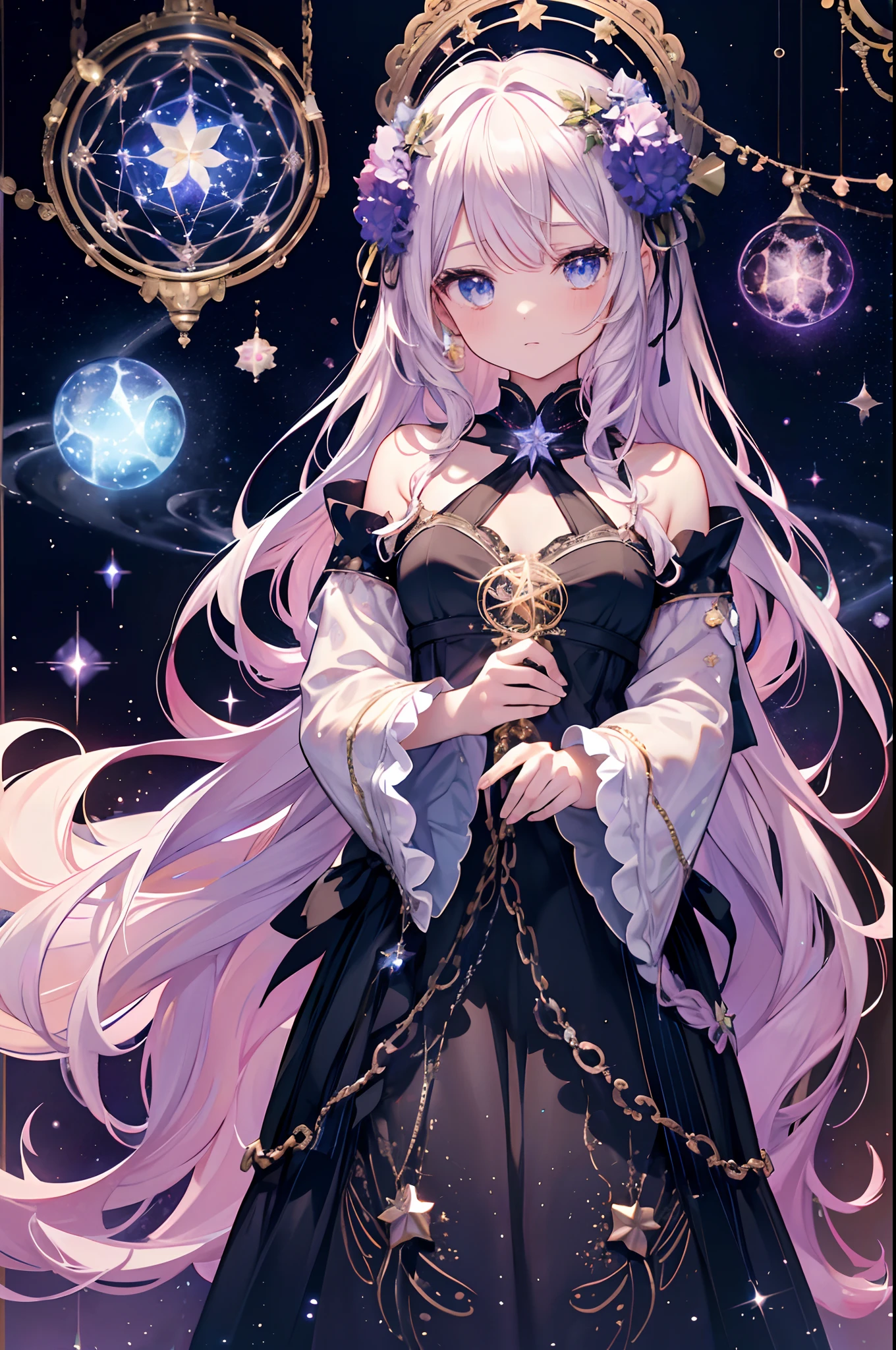 A lot backwards from the flow of hair、Lots of sparkling cute star pattern star phosphorescence, Girl Nebula Silhouette, Galactic background and fine chainwork borders in baroque quality, Hanging Chain Braided Star Ornament, Fairy Clock, Kaleidoscope chibi hydrangea and kaleidoscope chibi hydrangea petals, Spiral Ideas, Baroque thought, Starlight, Star,
