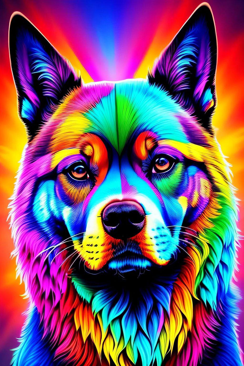 in a psychedelic style a representation of the Day of the Dead on a dog face, magnificent and detailed. Lots of texture and an explosion of multiple colored powder in the background