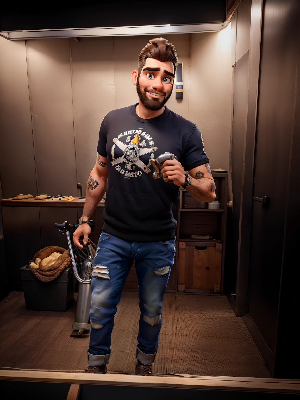 master part, best quality, um velho com barba branca e longos cabelos castanhos, vestindo uma jaqueta de couro e jeans preto, ao lado de sua motocicleta