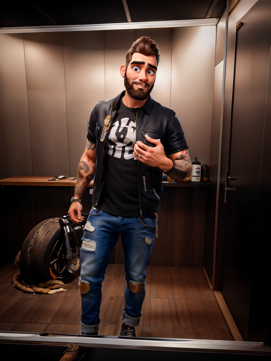 master part, best quality, um velho com barba branca e longos cabelos castanhos, vestindo uma jaqueta de couro e jeans preto, ao lado de sua motocicleta