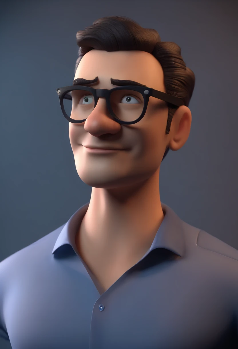 Cartoon character of a man wearing black glasses and a blue shirt, um personagem animado, Caractere estilizado, animation style rendering, 3D estilizado, Arnold Maya render, 3 d render stylized, toon render keyshot, Personagem 3D, Personagem 3D, 3d rendering stylized, 3 d character render, personagem de desenho animado, Personagem de close up, Pose de personagem, (Estilo Pixar) (master part:1.2) (Bokeh) (best quality) (pele detalhada) (textura detalhada) (8k) (argila) (Cinematic lighting) (foco nítido，Senta e vaza a parte superior do corpo