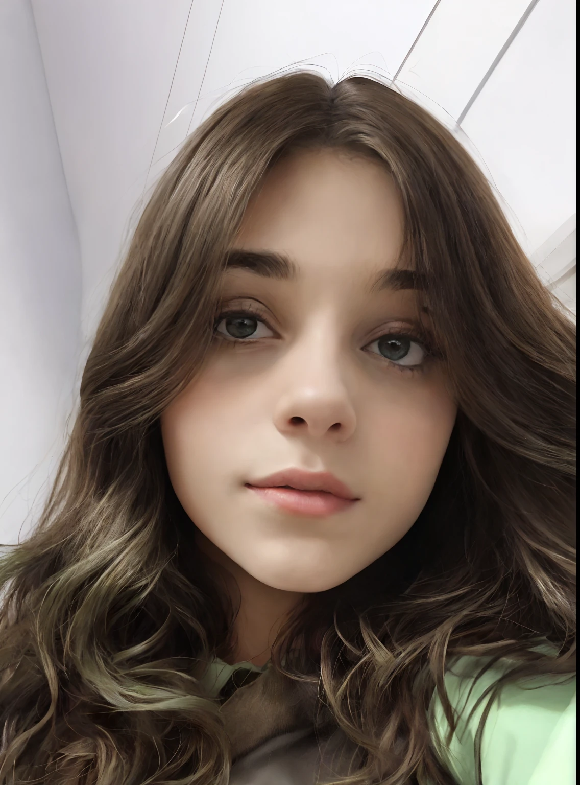 Menina arafed com cabelo longo e camisa verde segurando um telefone celular, cabelos castanhos e olhos grandes, Estefania Villegas Burgos, ela tem cerca de 1 6 anos de idade, 1 6 anos, imagem frontal, 18 anos, Violeta Myers, imagem de qualidade muito baixa, Valentina Embaralhamento, foto da menina