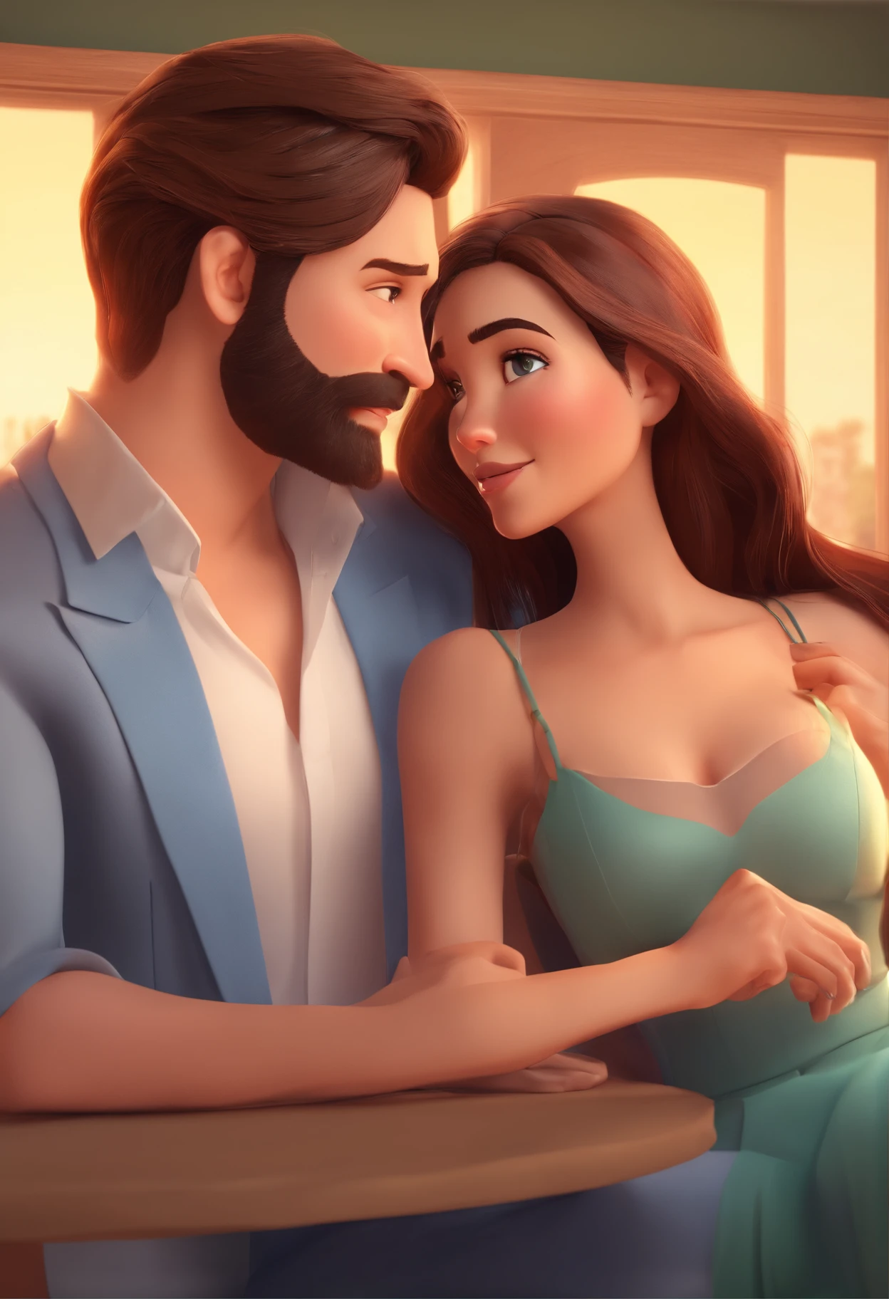 An illustration of an adorable couple, Destacando um homem e uma mulher com beleza, Expressive eyes – the man's hair is bald and brown and he has a full beard, While the woman's hair is tied up in a bun and blonde. They are a bright space, Todos com um sorriso no rosto, e compartilhe um momento especial, That is marked by love, viagem, and pedagogical insights. Ilustre esta cena a partir de uma perspectiva, where they're facing away from the camera, Show Your Connection. Desenvolva esta arte em Full HD, Focus on your cinematic touch, Estilo Disney Pixar Animations