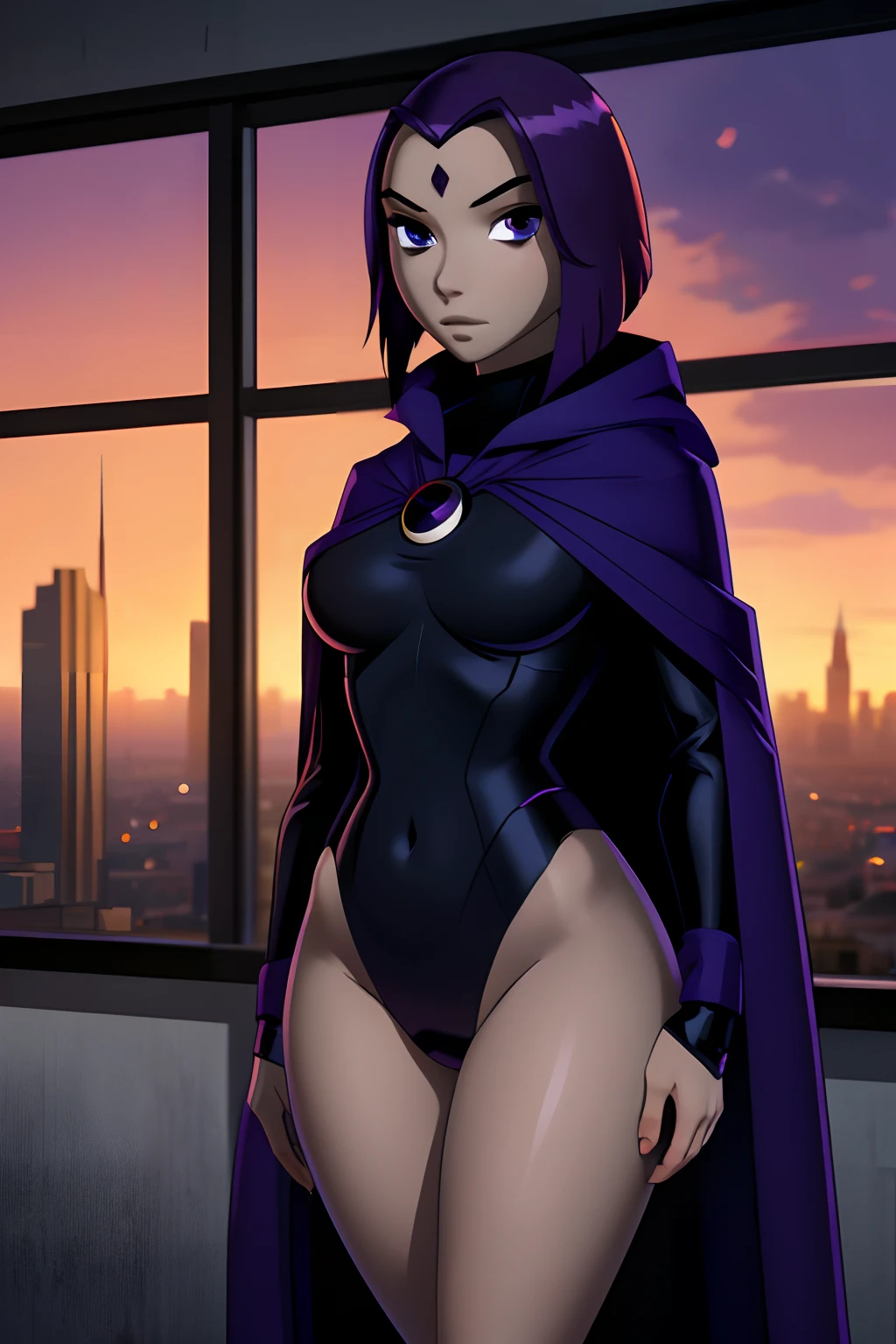 DC Character, Raven, dark violet hair, Beautiful cute face, Innocent, Charming, calm expression on his face, Facing the camera, grey skin, Skin color-grey, Body glare, ((pretty eyes)), dark purple eyes, ((Perfect Sexy Figure)), Ideal body shapes, big thighs, ((Subtle and beautiful)), ((Raven Apparel, Hero's Cloak)), Sexually seductive standing position, Full-length, background: Futuristic Room in Dark Purple Tones in Window Sunset and City, Depth of field, ((ultra quality)), ((tmasterpiece)), clear image, crisp details, Realistic, Professional Photo Session, Clear Focus, the anime, Colorfully drawn