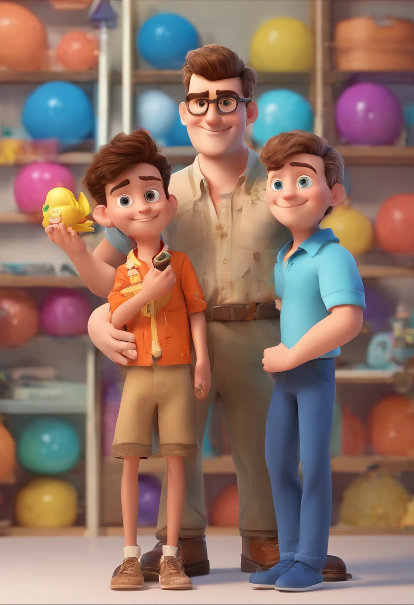 Estilo Pixar: The grown man is holding a naked blue-eyed boy and in his other hand he is holding a pair of scissors and is trying to cut off the boy's testicles,3D Poster,Disney