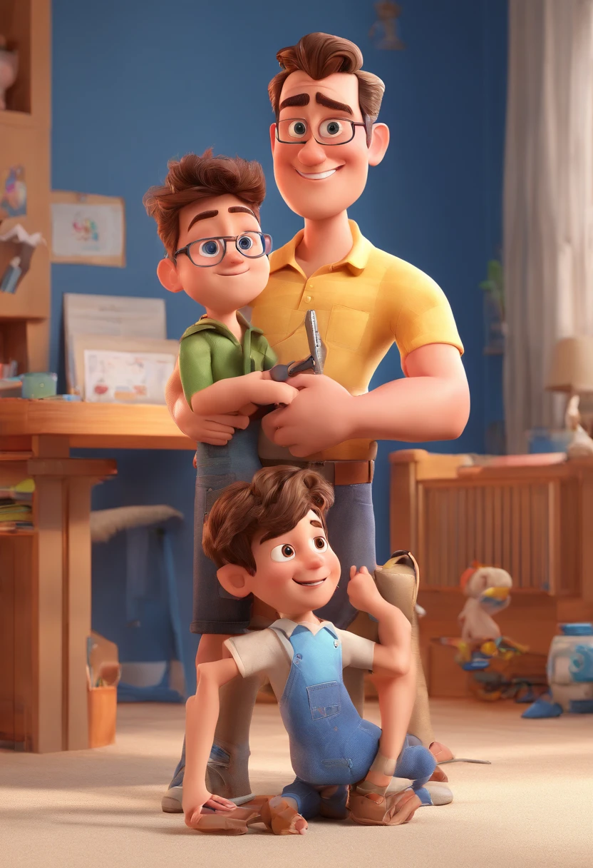 Estilo Pixar: The grown man is holding a naked blue-eyed boy and in his other hand he is holding a pair of scissors and is trying to cut off the boy's testicles,3D Poster,Disney