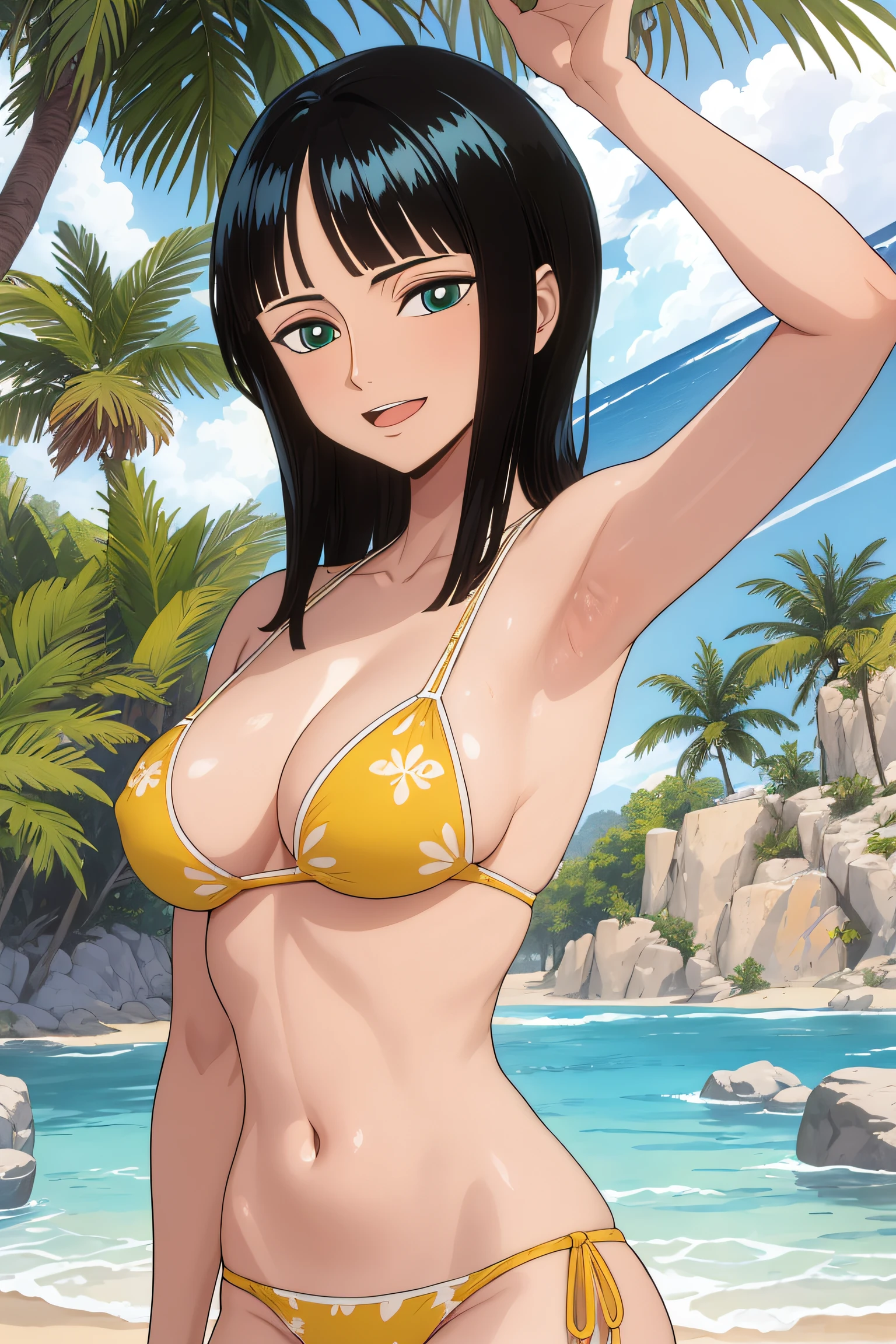 (Obra maestra),La mejor calidad,asombroso,Detalle fino.Profundidad de campo,hermosos ojos detallados, Nico Robin, 1girl,hembra madura,feliz,sonrisa ligera, bikini, barriga, breasts, armpits