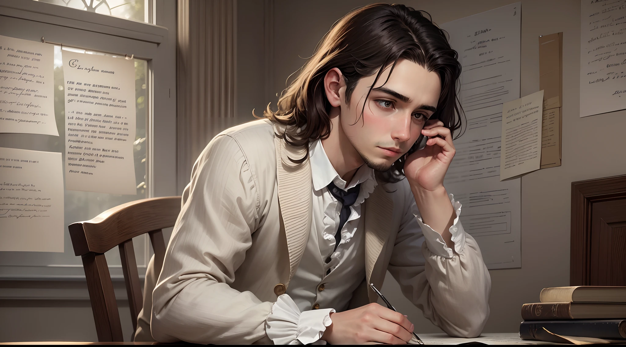 générez l'image d'un jeune homme lisant une lettre de Benjamin Franklin avec une expression contemplative. 9:16 HD RÉSOLUTION ULTRA RÉALISTE --auto --s2