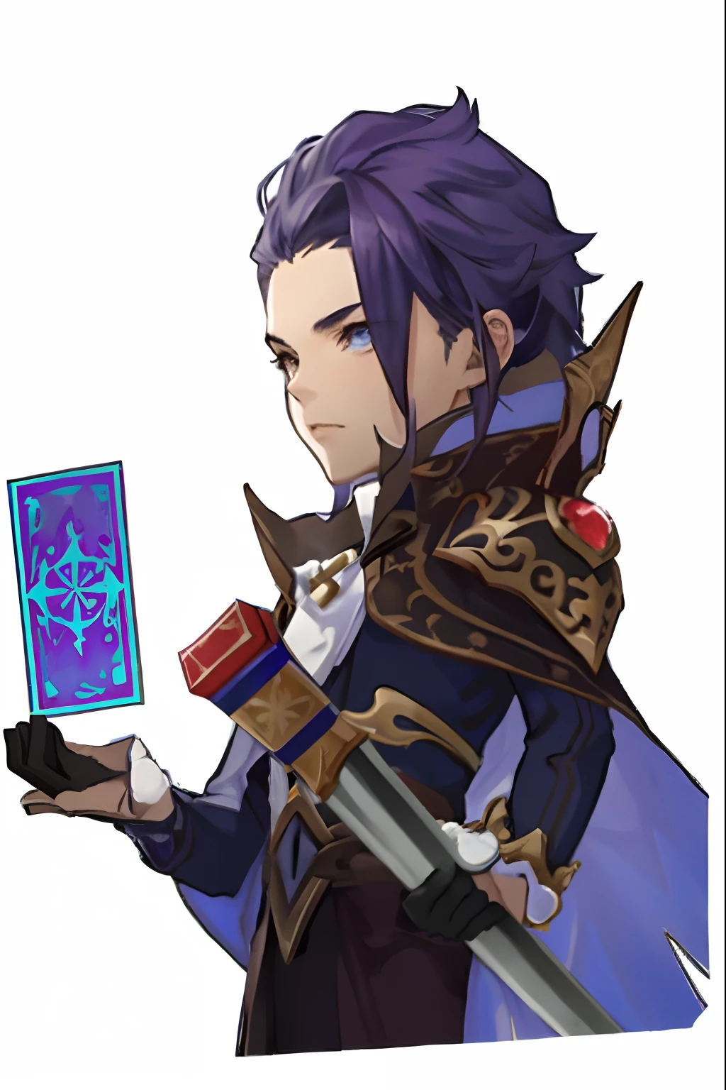 Close-up of a man holding a card with a sword, young shadow mage male, style of kieran yanner, ability image, arcane art style, casimir art, crisp clear rpg portrait, holding grimoire, picture of a male cleric, skinny male mage, cerulean, wearing dark purple armor, cobalt coloration, skinny male fantasy alchemist