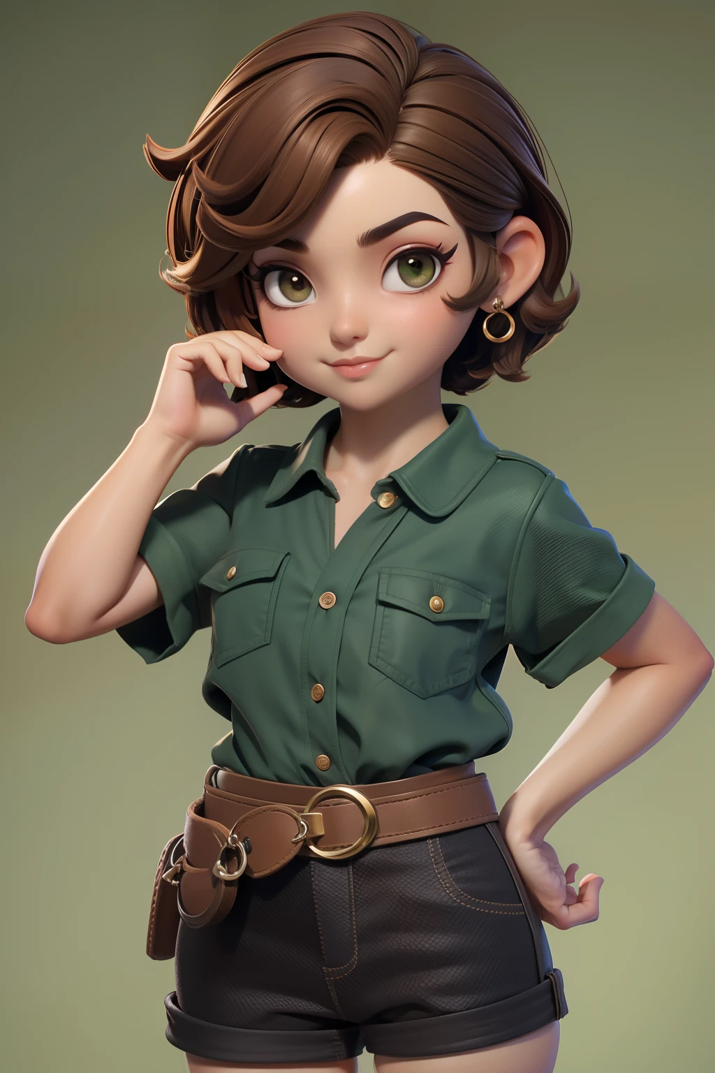 master part, best quality, , olhos verdes, pele escura, brown hair, cabelos ondulados, short hair, Brincos, jewelries, pirata, Camisa comprida, fundo simples, sozinho, parte superior do corpo