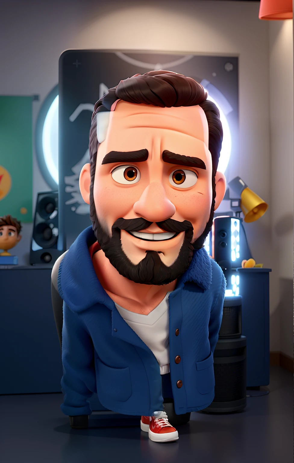 Pode melhorar barba mais rala com uns fios brancos, Make the full body pop red white shoes. The man stands on the black background on a speaker-like stage with a microphone in one hand and a book in the other in the best Disney Pixar style, maior qualidade.