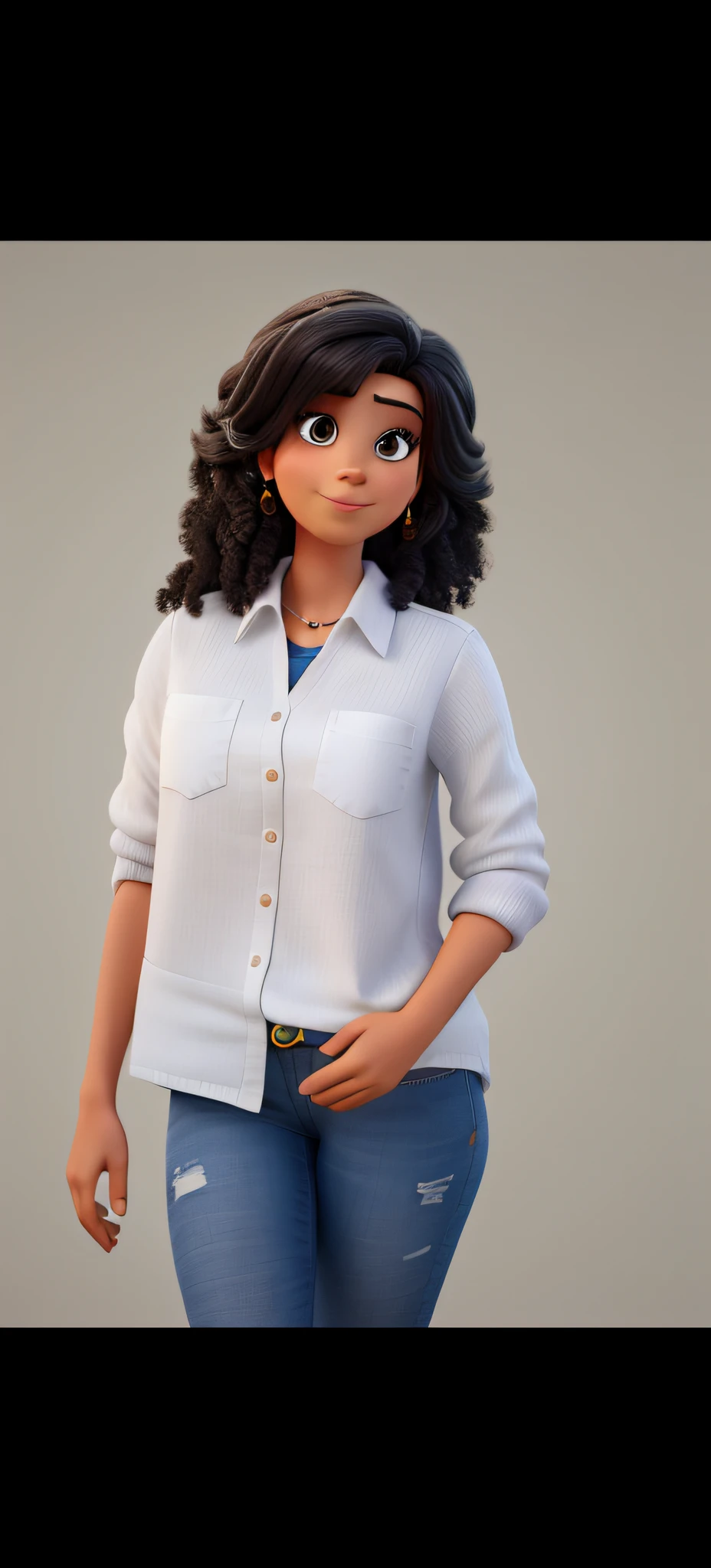 mulher de cabelo cacheado na altura do ombro estilo disney pixar, alta qualidade, melhor qualidade