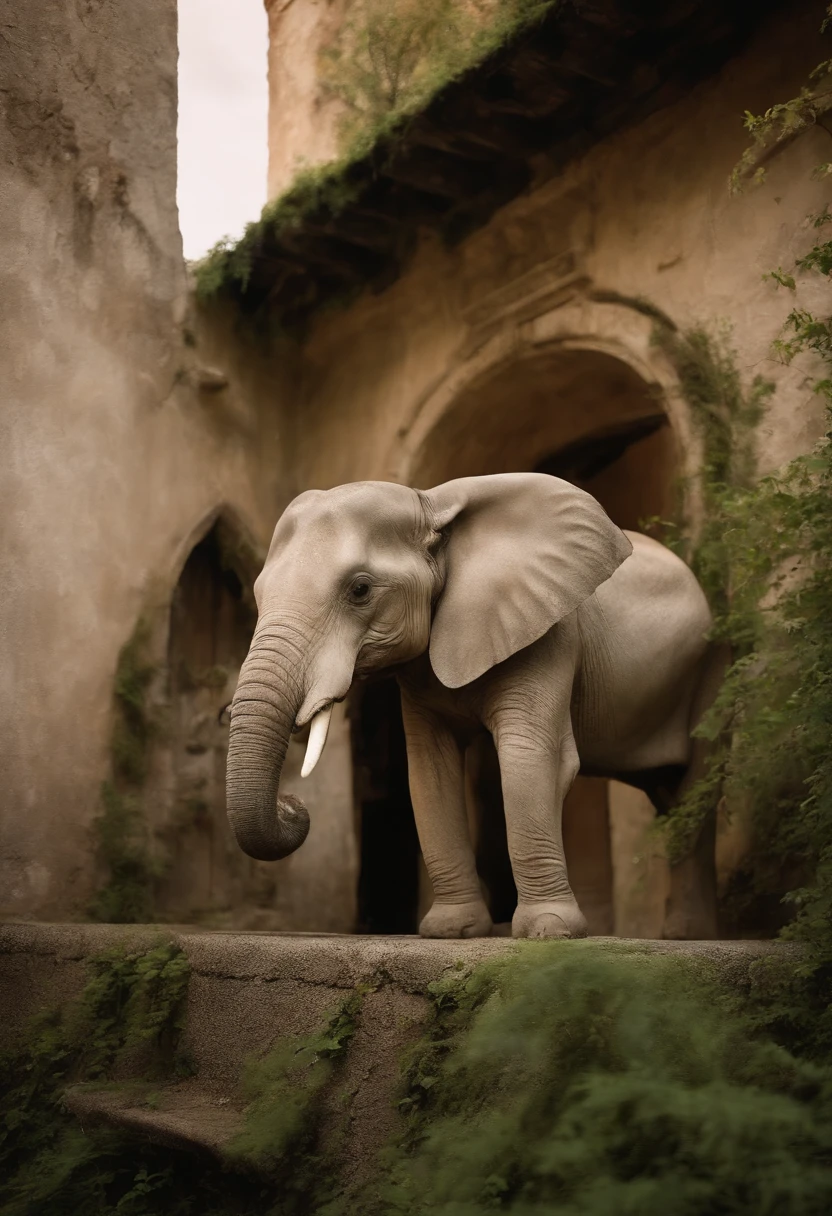 an Elephant fossilized on the top corner of an old building, old, vintage
gray, weathered stones, cracked and worn, moss-covered, ancient architecture, towering height, crumbling façade, time-worn, faded elegance, nostalgic charm, whispers of history, peeling paint, intricate details, ornate carvings, weathered wooden shutters, rusty iron balcony, dilapidated beauty, eerie stillness, haunting presence, faded memories, forgotten past, majestic decay, timeless resilience, melancholic atmosphere, faded glory, ghostly whispers, mysterious aura, faded colors,   sepia tones, sun-bleached, time-frozen, vintage aesthetic, aged patina hand in clear details
Nikon D850, Kodak Portra 400, 50mm lens, double exposure, long exposure, shallow depth of field, film grain, soft focus, deliberate underexposure, low saturation, intentional blurring, vintage filter, analog photography
Tim Burton, Roger Deakins, David LaChapelle, Alexander McQueen, Sofia Coppola, Annie Leibovitz, Karl Lagerfeld, Guillermo del Toro, David Lynch, Alexander Wang —c 10