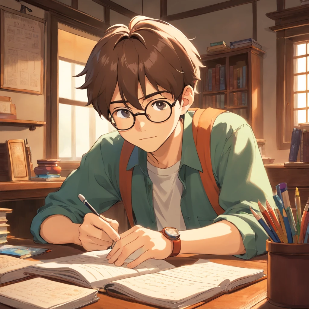 A handsome male college student studying at a desk,orthofacial