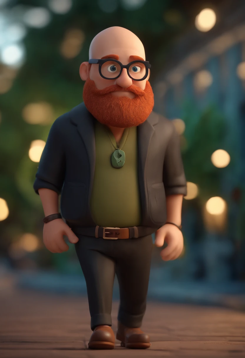 Cartoon character of a bald man with dense red beard and green eyes wearing black glasses and a blue shirt, um personagem animado, Caractere estilizado, animation style rendering, 3D estilizado, Arnold Maya render, 3 d render stylized, toon render keyshot, Personagem 3D, Personagem 3D, 3d rendering stylized, 3 d character render, personagem de desenho animado, Personagem de close up, Pose de personagem, (Estilo Pixar) (master part:1.2) (Bokeh) (best quality) (pele detalhada) (textura detalhada) (8k) (argila) (Cinematic lighting) (foco nítido,Senta e vaza a parte superior do corpo