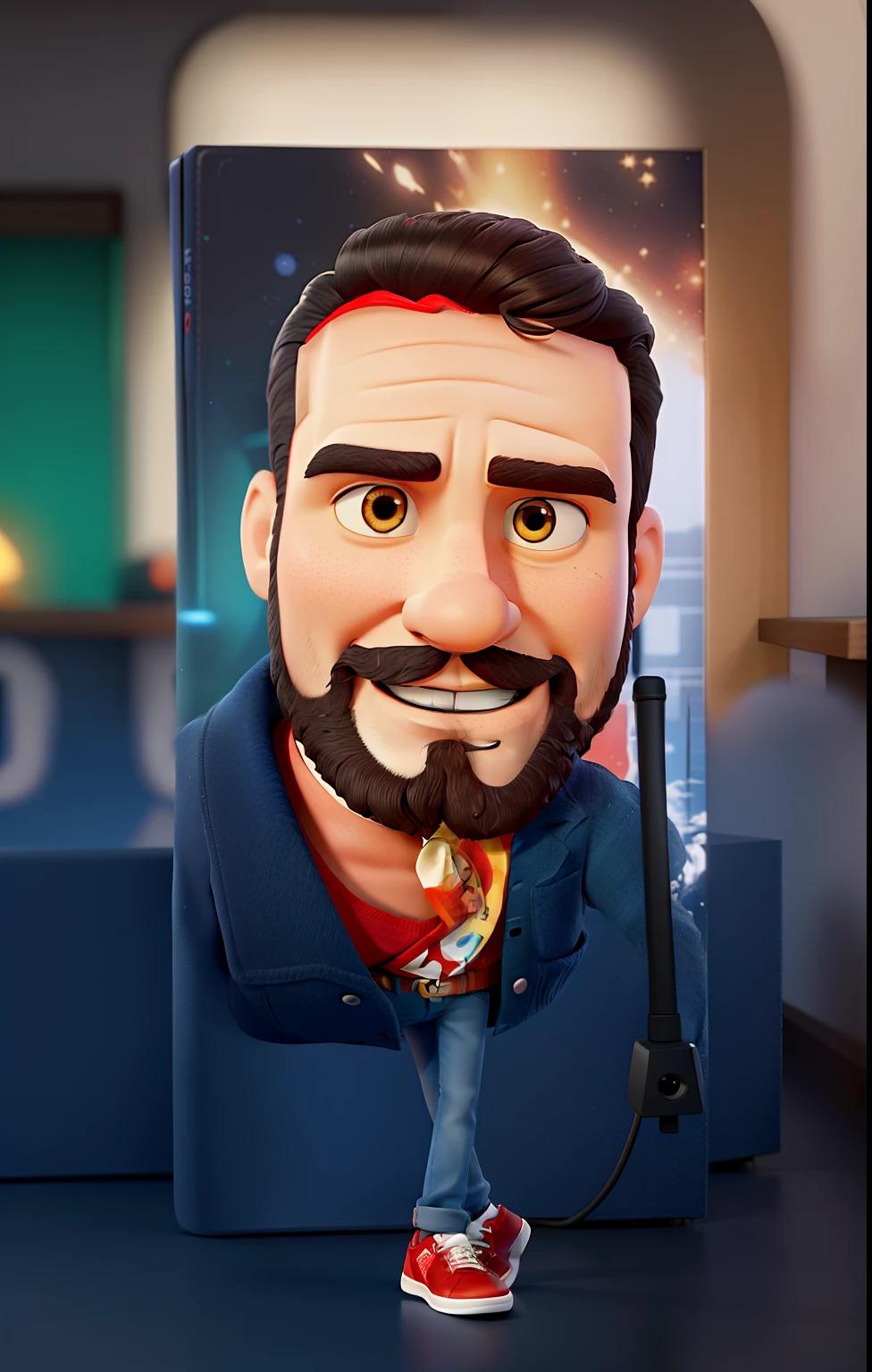 Pode melhorar barba mais rala com uns fios brancos, Make the full body pop white red shoes. The man stands on the black background on a speaker-like stage with a microphone in one hand and a book in the other in the best quality Disney pixar style, maior qualidade.