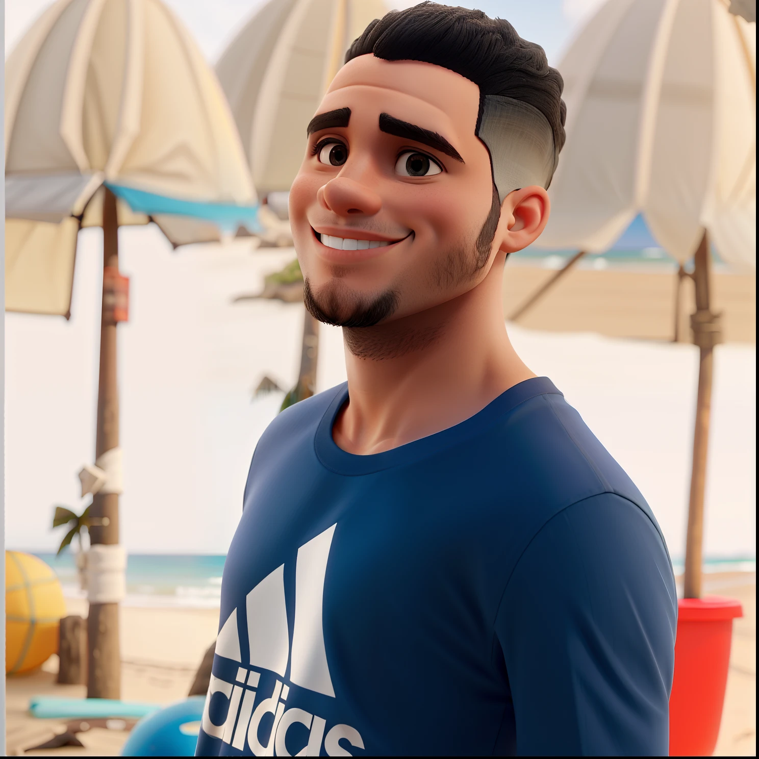 Um rapaz de 26 anos sorrindo parado na de um praia, com o fundo desfocado pela luz natural da praia, com uma camiseta preta da adidas