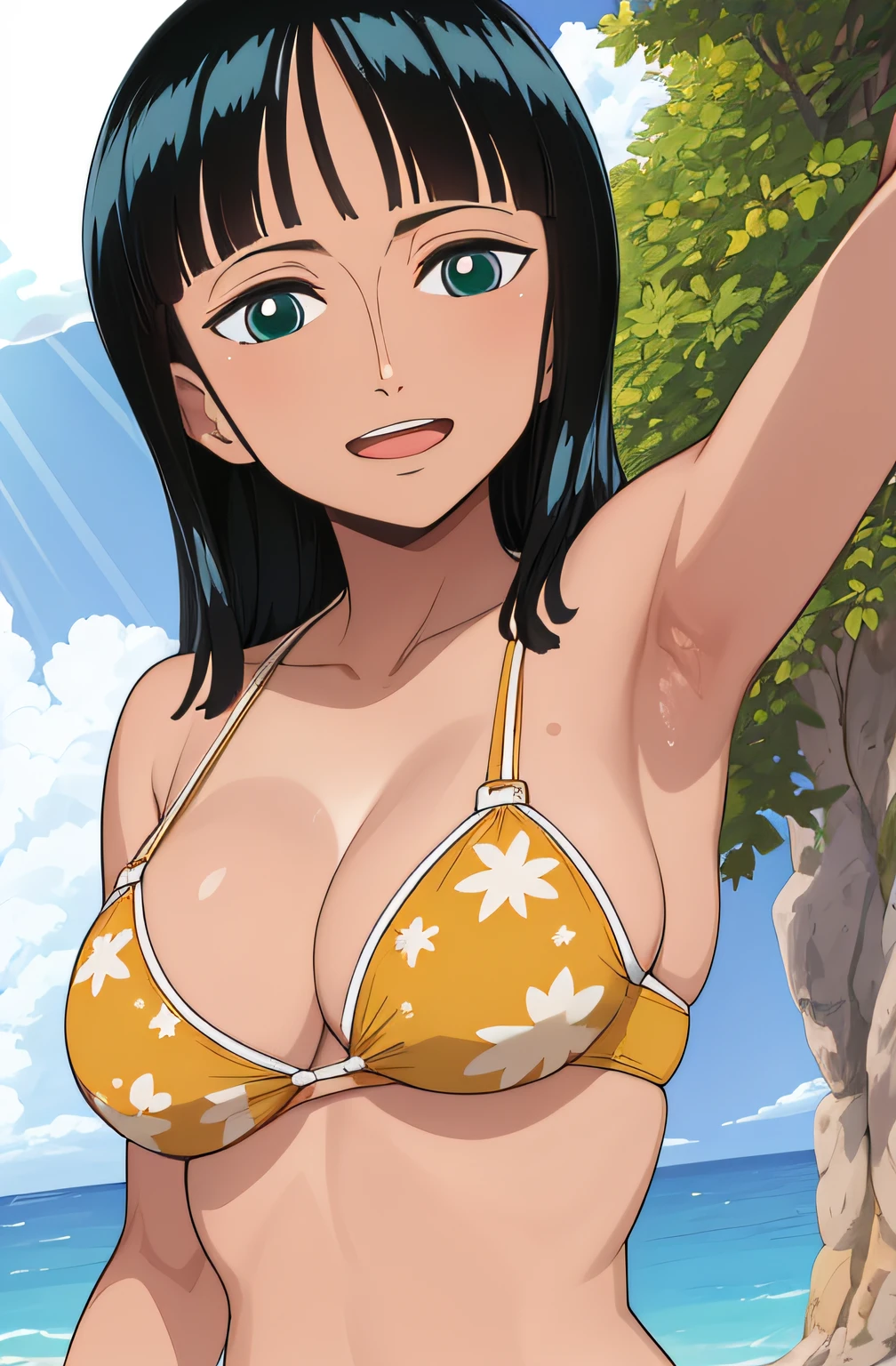 (Obra maestra),La mejor calidad,asombroso,Detalle fino.Profundidad de campo,hermosos ojos detallados, Nico Robin, 1girl,hembra madura,feliz,sonrisa ligera, bikini, barriga, breasts, armpits
