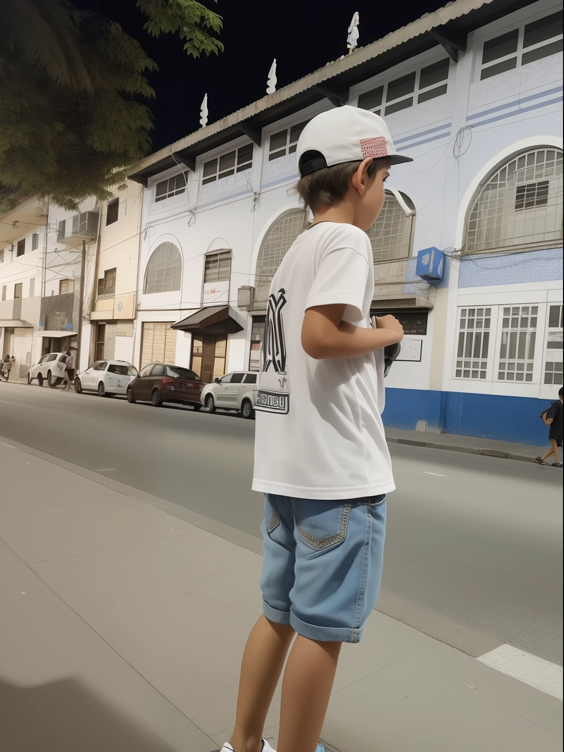 There's a boy standing on a skateboard in the street, In Sao Paulo, orgulhosamente andando pela rua, menino ambulante, vagando pela cidade, em uma rua, garotinho, em uma rua, na rua da cidade, cabrito, with a kid, menino novo, foto de rua, em uma rua da cidade, na rua, standing in a city center
