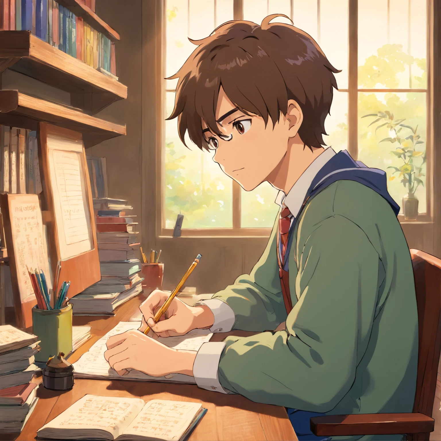 A handsome male college student studying at a desk，orthofacial