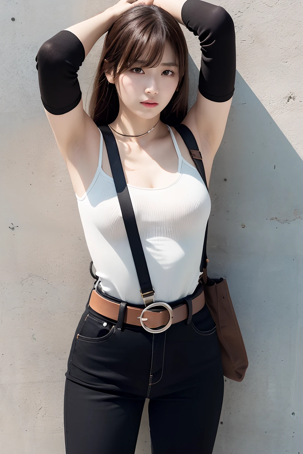 masterpiece、flat-colors、depth of fields、lens flare 1 girl、、Brown hair、watching at viewers a belt black suspenders large full breasts Armpit sweat perspiring Side of both hands walls: Black pants, Black jacket holster arm Leg holster arma Gaze Small face Bangs Upper Eyes