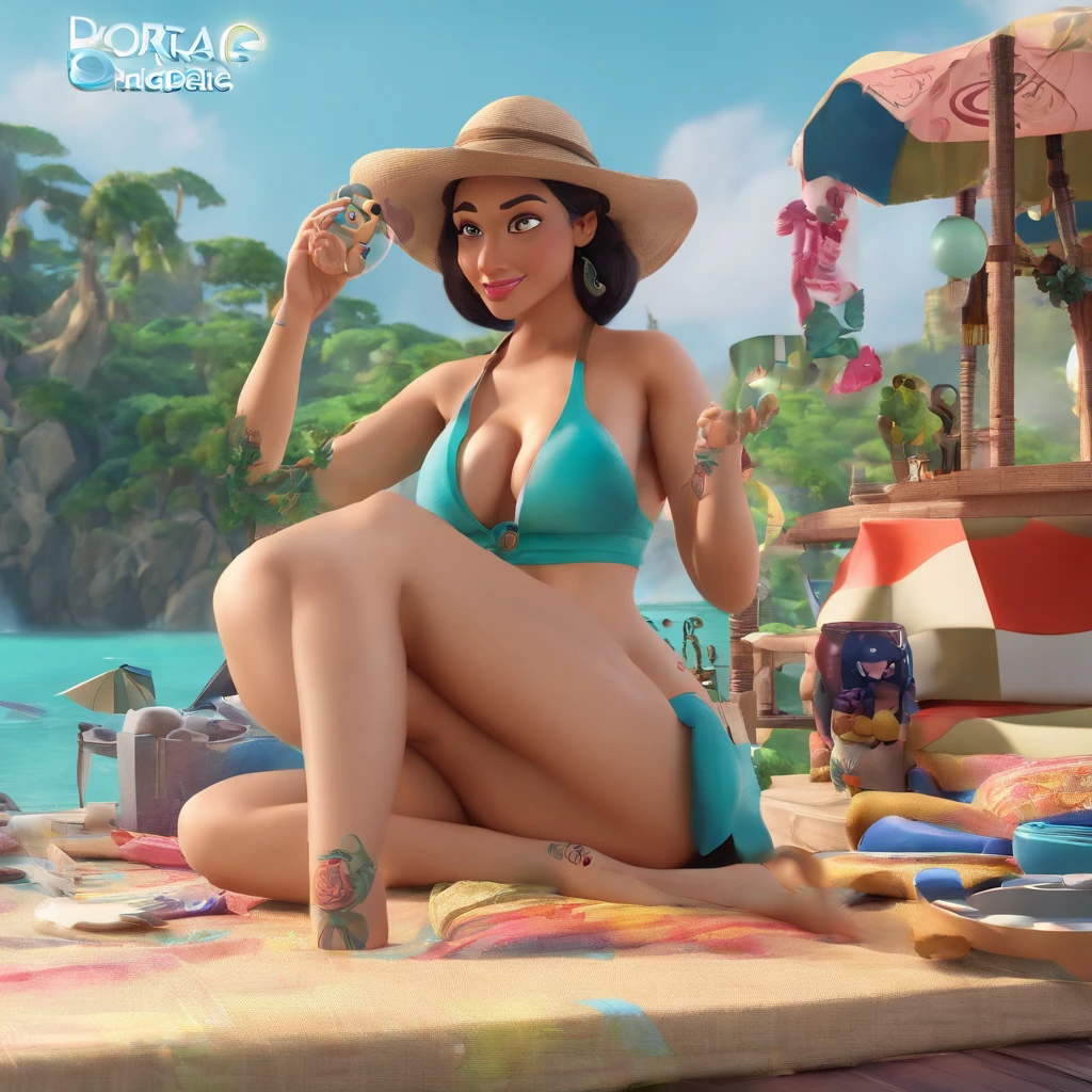 create a 3D movie poster inspired by Disney Pixar, The scene should be in Pixar's signature digital art style, com uma imagem caricatural que lembra a cantora brasileira "Anita" in the prone position, Wearing a bikini while a tattoo artist is sitting tattooing with a giant ring on one hand, inside a tattoo parlor.