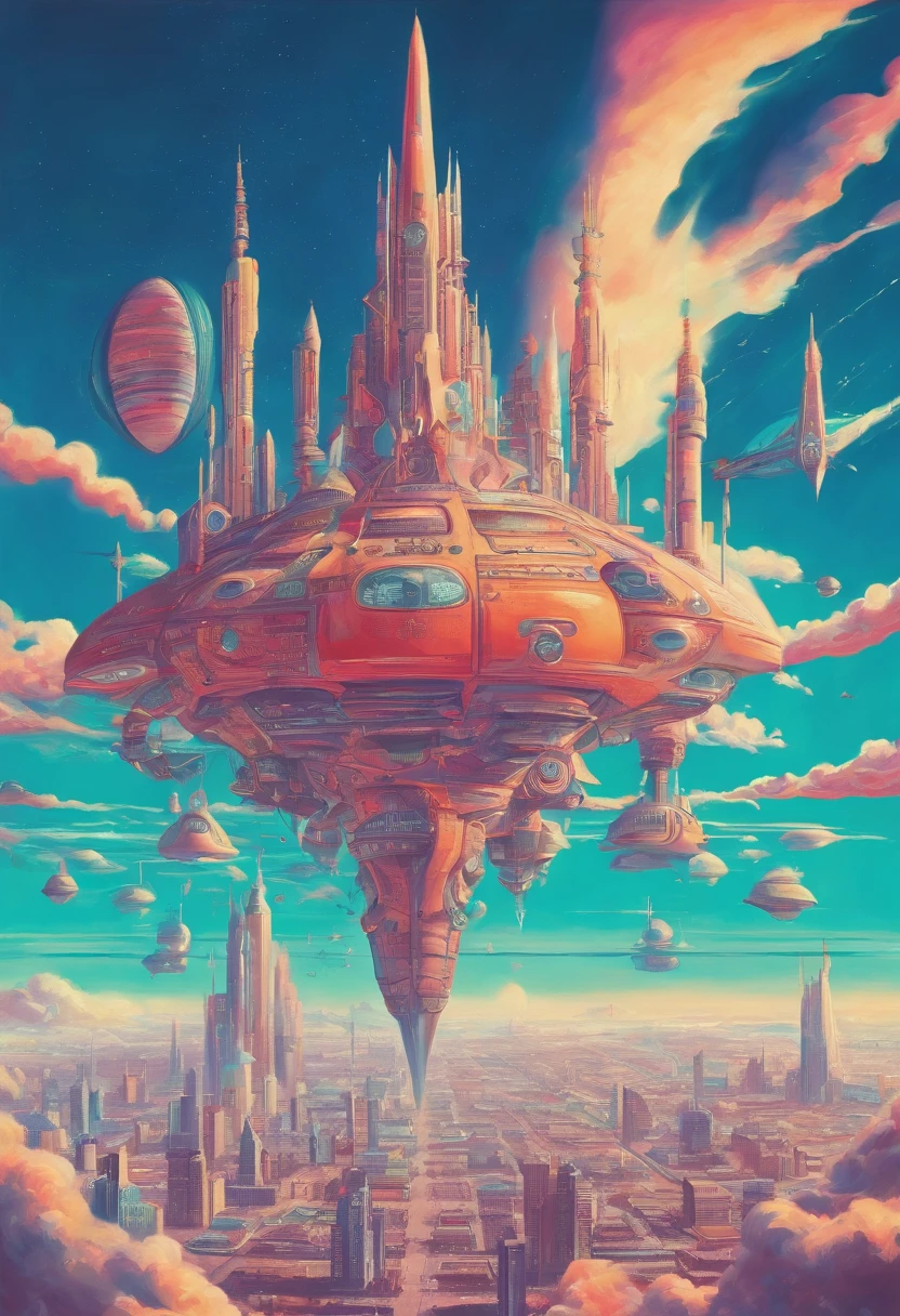 Create an oil painting depicting this futuristic city above the clouds, focusing on the buildings and vehicles.