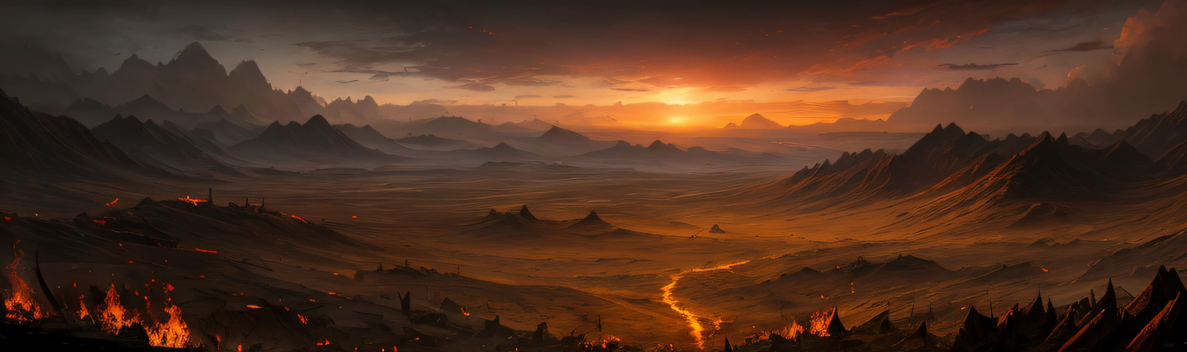 There is a fantasy scenario，There is fire, Burning battlefield background, fantasy apocalypse environment, War landscape, battle landscape, 4k morrowind concept art, apocalyptic scenery, The consequences of the Great War, apocalyptic landscape, background artwork, painted as a game concept art, Background: Battle scene, bloodbath battlefield background, dota! matte painting concept art，Cinematic lighting, Chiaroscuro, High detail, High detail, surrealism, Social realism, Sony FE GM, Ultra-wide angle, in a panoramic view, projected inset, symetry, ﻿rotationalsymmetry