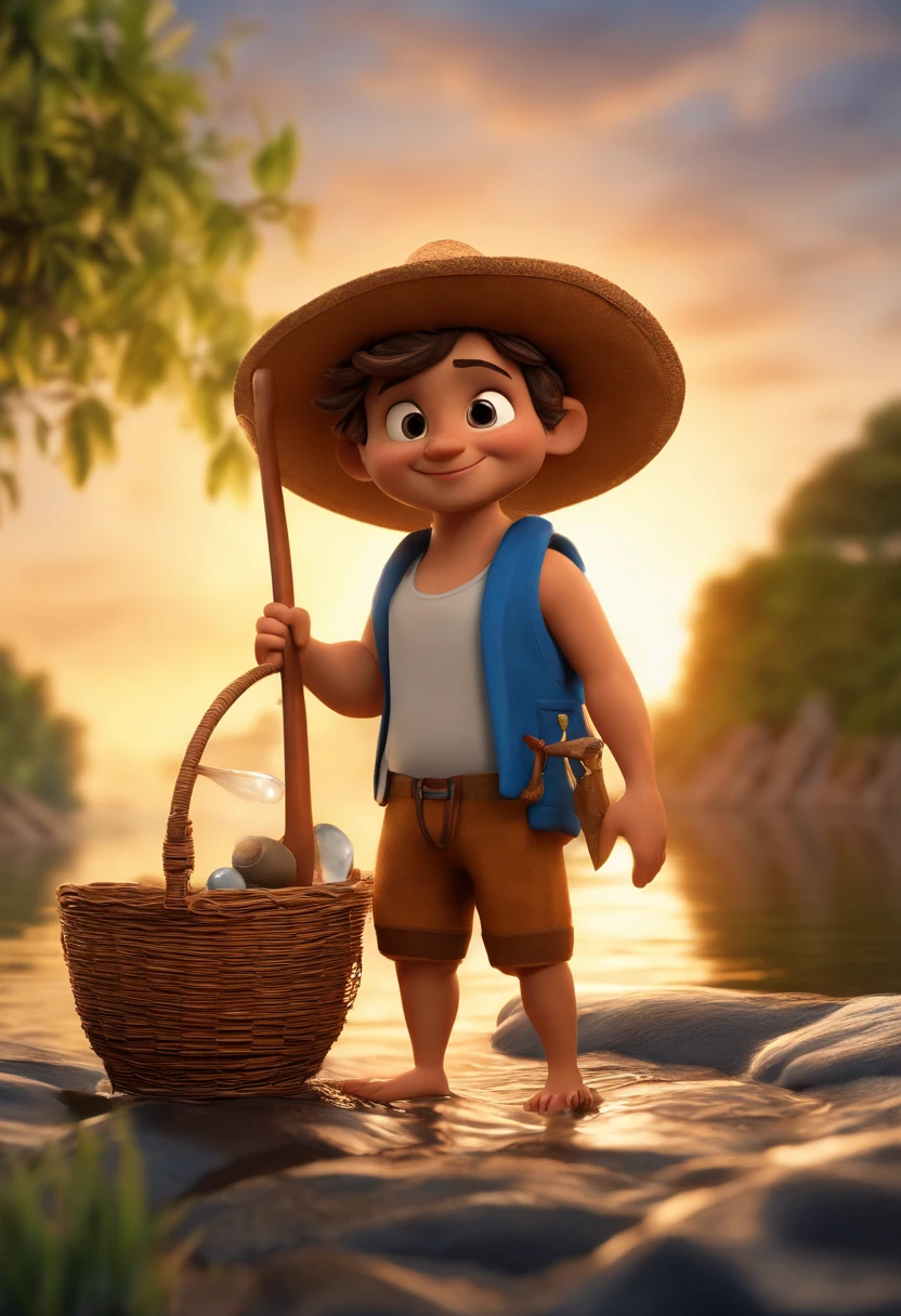 Personagem de desenho animado um jovem de cabelo crespo castanho escuro e uma camisa azul, um personagem animado, Caractere estilizado, animation style rendering, 3D estilizado, Arnold Maya render, 3 d render stylized, toon render keyshot, Personagem 3D, Personagem 3D, 3d rendering stylized, 3 d character render, personagem de desenho animado, Personagem de close up, Pose de personagem, (Estilo Pixar) (master part:1.2) (Bokeh) (best quality) (pele detalhada) (textura detalhada) (8k) (argila) (Cinematic lighting) (foco nítido,Senta e vaza todo corpo, fundo segundo plano imagem de rio , Character wearing straw hat and fishing basket as if he was collecting shellfish on the riverbank , Sunset light reflecting on the river and on your face. Muitas conchas perto dela.