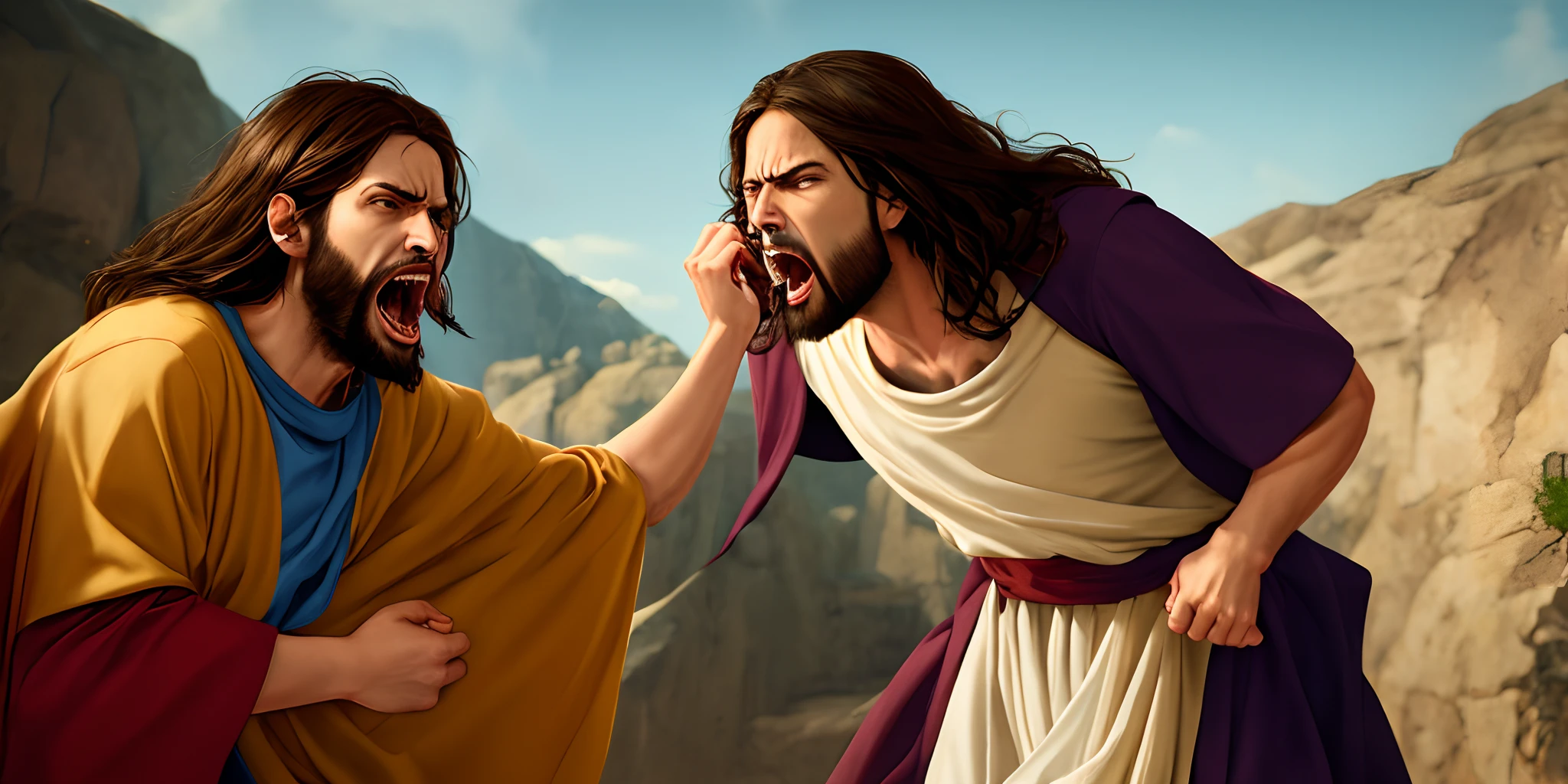 Realistic Jesus Christ being absolutely enraged, blowing a gasket, yelling and screaming