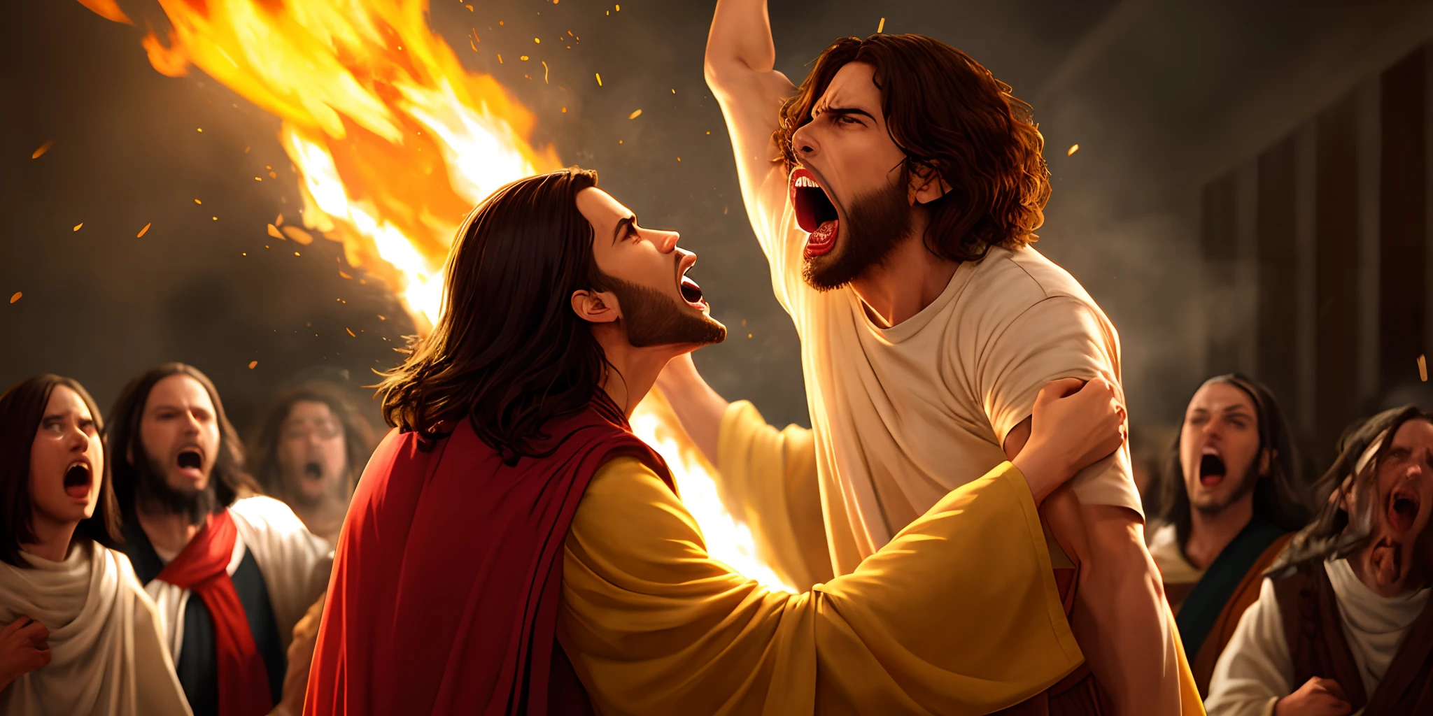 Realistic Jesus Christ being absolutely enraged, blowing a gasket, yelling and screaming