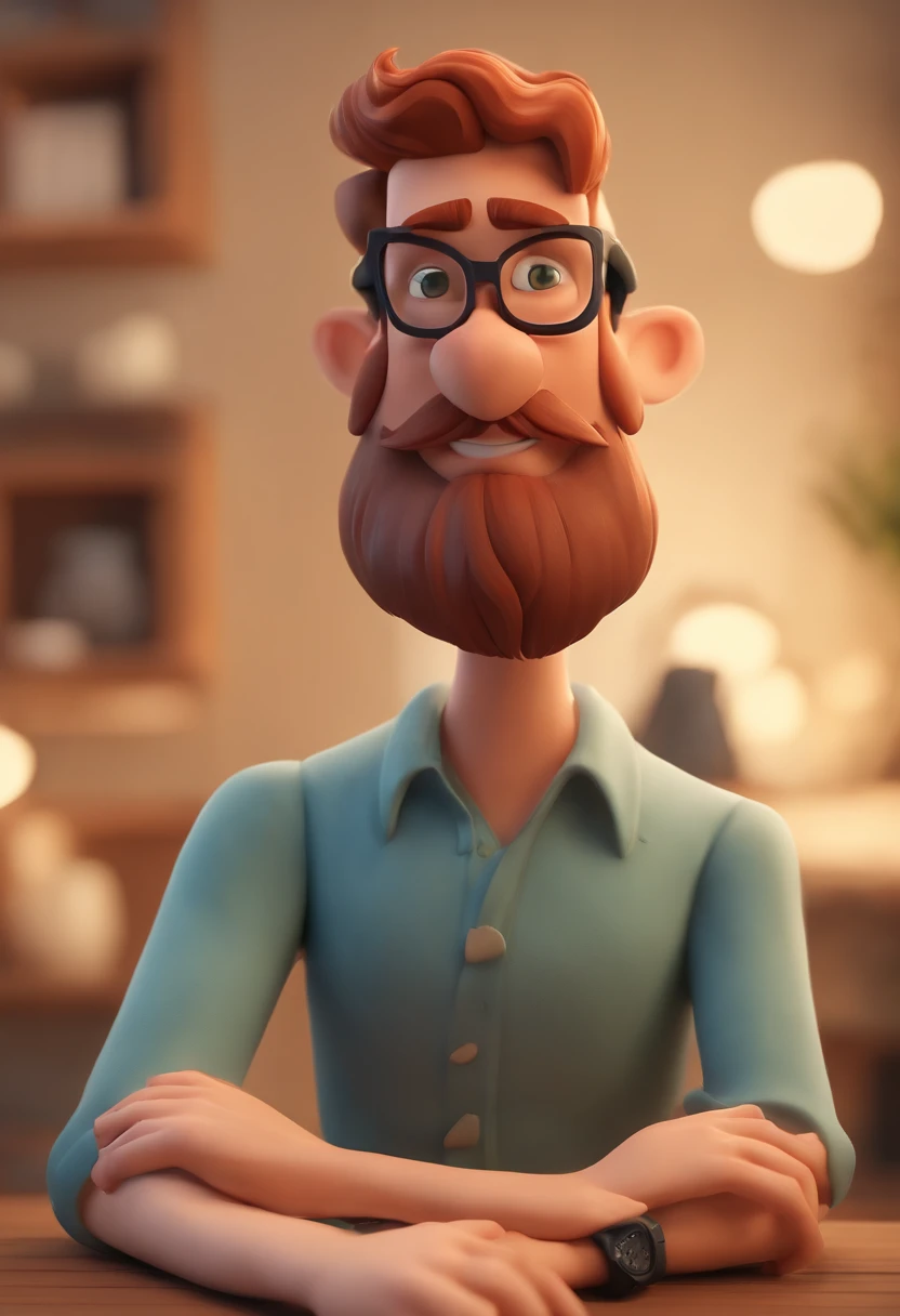 Cartoon character of a bald man with dense red beard and green eyes wearing black glasses and a blue shirt, um personagem animado, Caractere estilizado, animation style rendering, 3D estilizado, Arnold Maya render, 3 d render stylized, toon render keyshot, Personagem 3D, Personagem 3D, 3d rendering stylized, 3 d character render, personagem de desenho animado, Personagem de close up, Pose de personagem, (Estilo Pixar) (master part:1.2) (Bokeh) (best quality) (pele detalhada) (textura detalhada) (8k) (argila) (Cinematic lighting) (foco nítido,Senta e vaza a parte superior do corpo