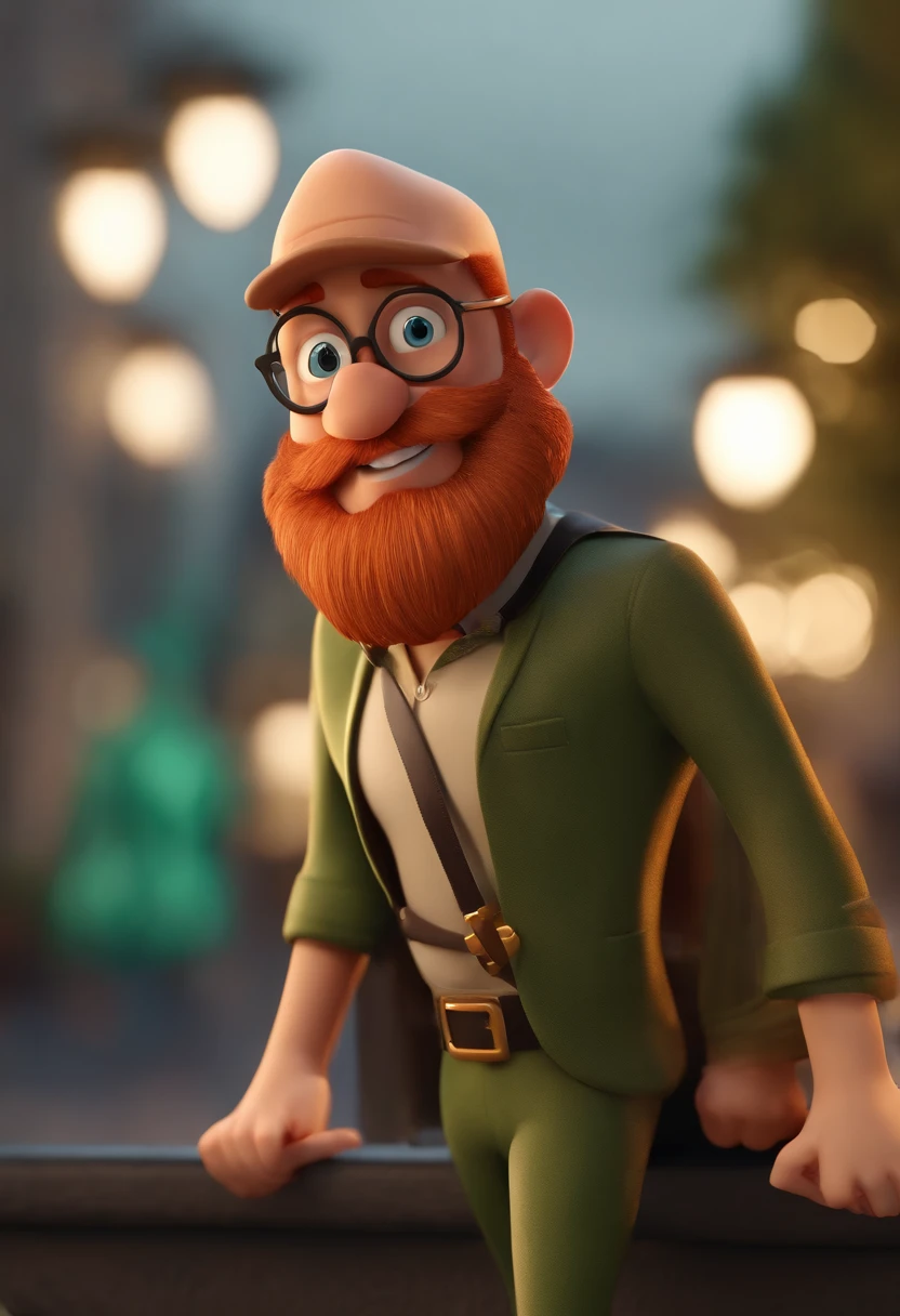 Cartoon character of a bald man with dense red beard and green eyes wearing black glasses and a blue shirt, um personagem animado, Caractere estilizado, animation style rendering, 3D estilizado, Arnold Maya render, 3 d render stylized, toon render keyshot, Personagem 3D, Personagem 3D, 3d rendering stylized, 3 d character render, personagem de desenho animado, Personagem de close up, Pose de personagem, (Estilo Pixar) (master part:1.2) (Bokeh) (best quality) (pele detalhada) (textura detalhada) (8k) (argila) (Cinematic lighting) (foco nítido，Senta e vaza a parte superior do corpo