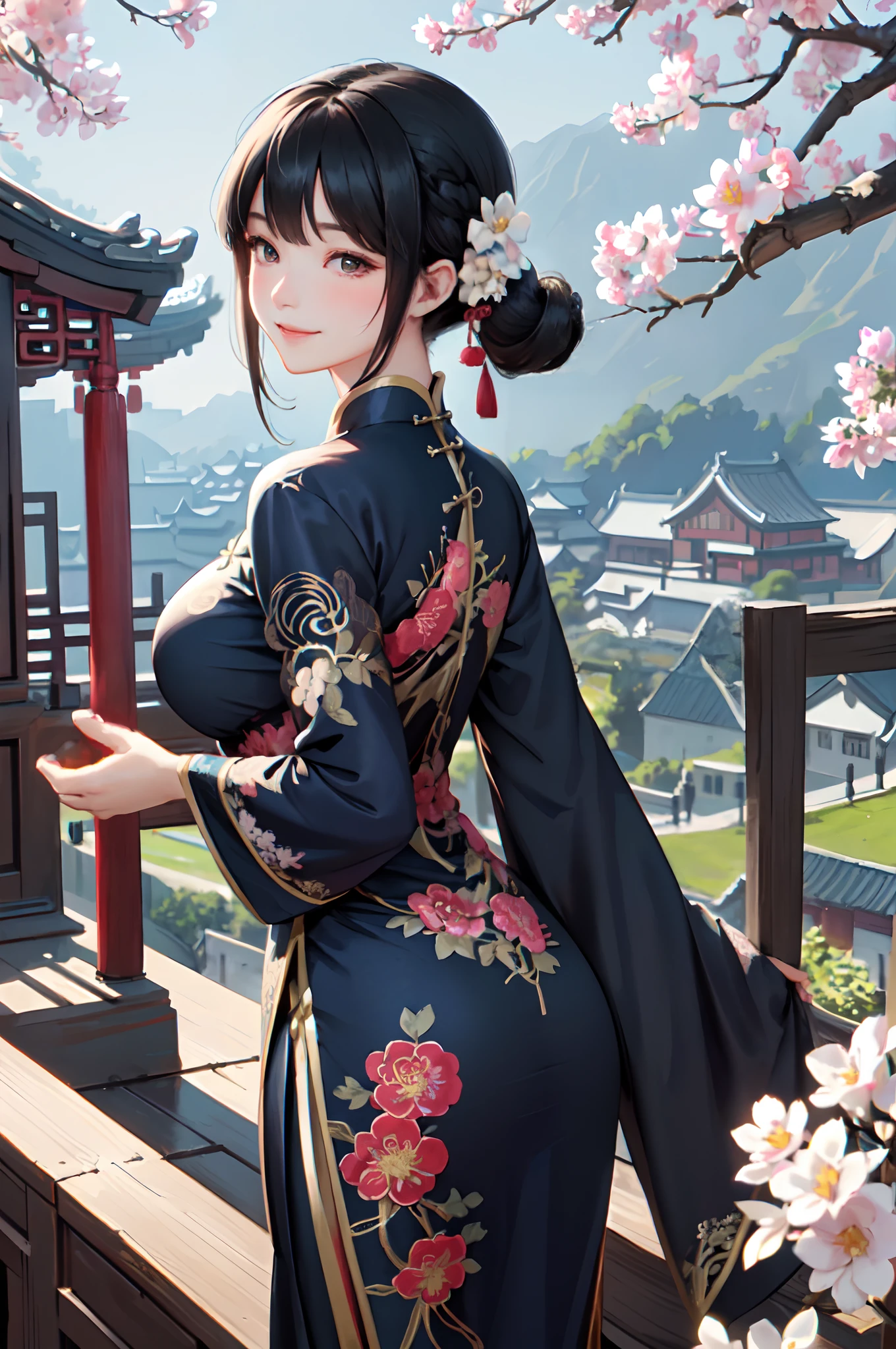 1lady solo, /(Chinese dress with floral embroidery/) deep blue dress, mature female, /(black hair/) bangs, blush kind smile, (masterpiece best quality:1.2) delicate illustration ultra-detailed, large breasts BREAK /(traditional townscape in China/), outdoors, detailed back ground