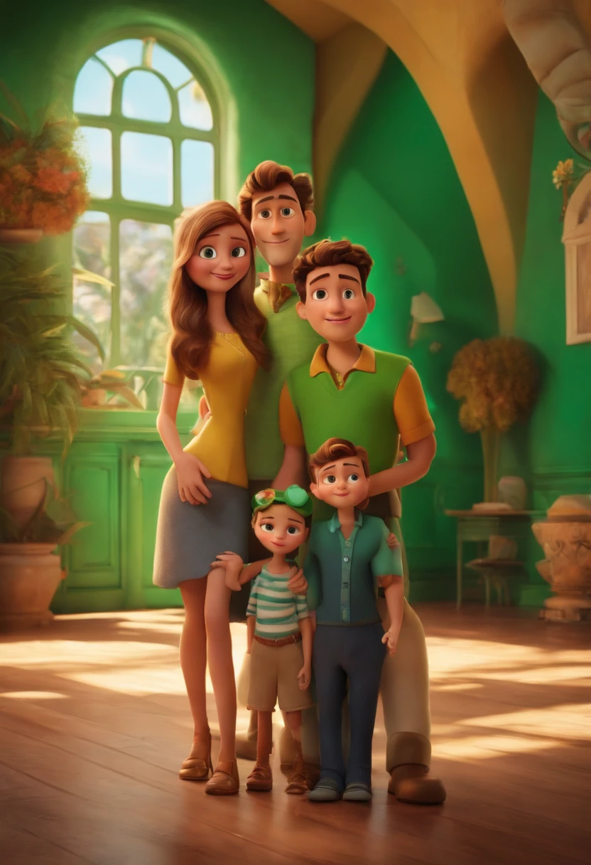 Casal homem calvo e mulher com olhos verdes, com um filho e 8 anos e uma filha de 6 anos estilo pixar