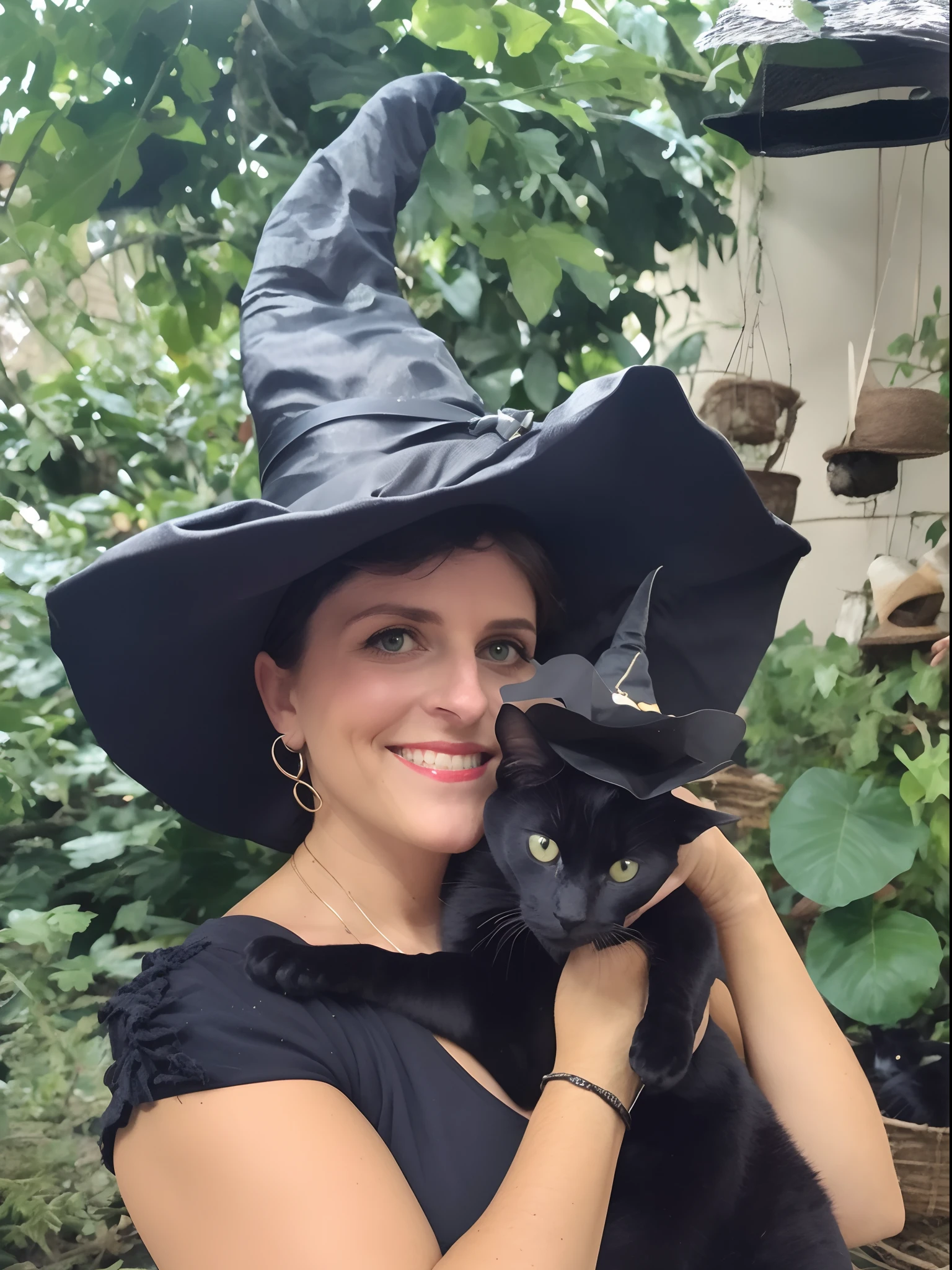 Woman in a witch hat holding a black cat in her arms, wearing a witch's hat, bruxa do gato, wearing black witch hat, Witchy, extra large witch hat, black witch hat, Scarry mas enfeitiçando, with magical creatures, Black witch hat and broom, Em um estilo de Halloween, bruxa de meia-idade, com uma voz encantadora, witch hat