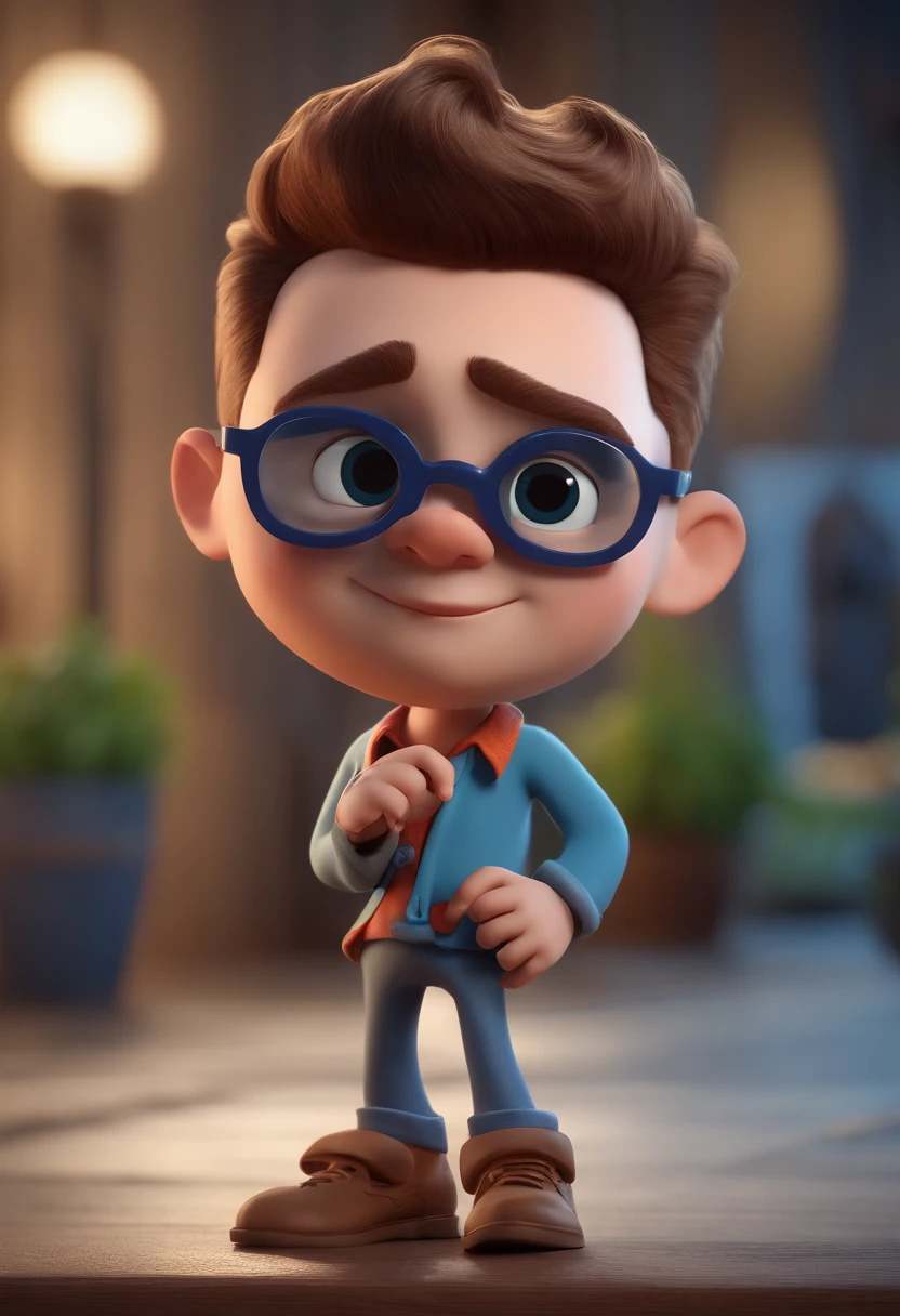Cartoon character of a man with black glasses and a blue shirt, animation character, Caractere estilizado, animation style rendering, 3D estilizado, Arnold Maya render, 3 d render stylized, toon render keyshot, Personagem 3D, Personagem 3D, 3d rendering stylized, 3 d character render, personagem de desenho animado, Personagem de close up, Pose de personagem,  (Estilo Pixar) (master part:1.2) (Bokeh) (best quality) (pele detalhada) (textura detalhada) (8k) (argila) (Cinematic lighting) (foco nítido