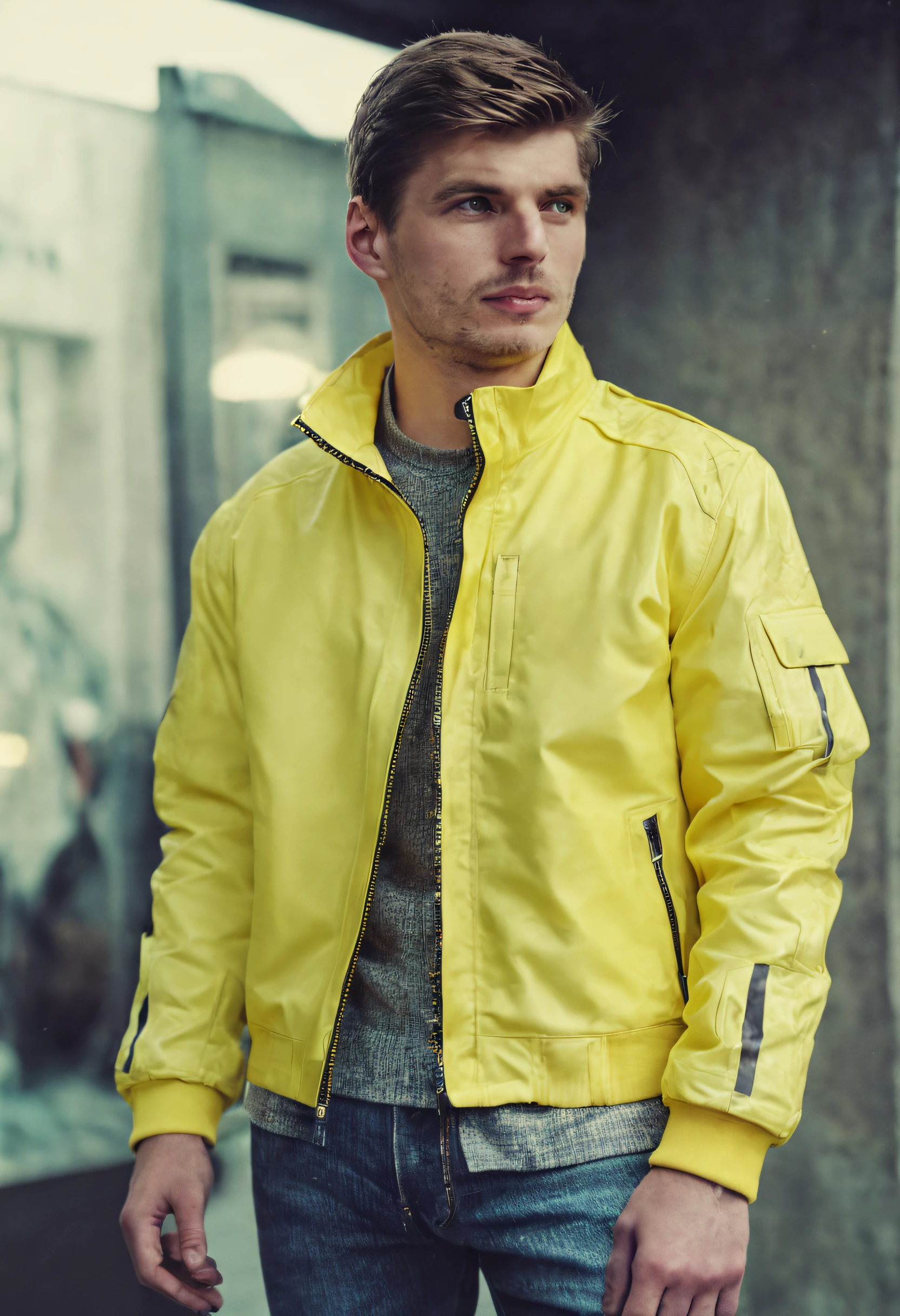 analog film photo of max verstappen a man, wearing cyberpunk yellow jacket, simple neon background, faded film, desaturated, 35mm photo, grainy, vignette, vintage, Kodachrome, Lomography, stained, highly detailed, found footage