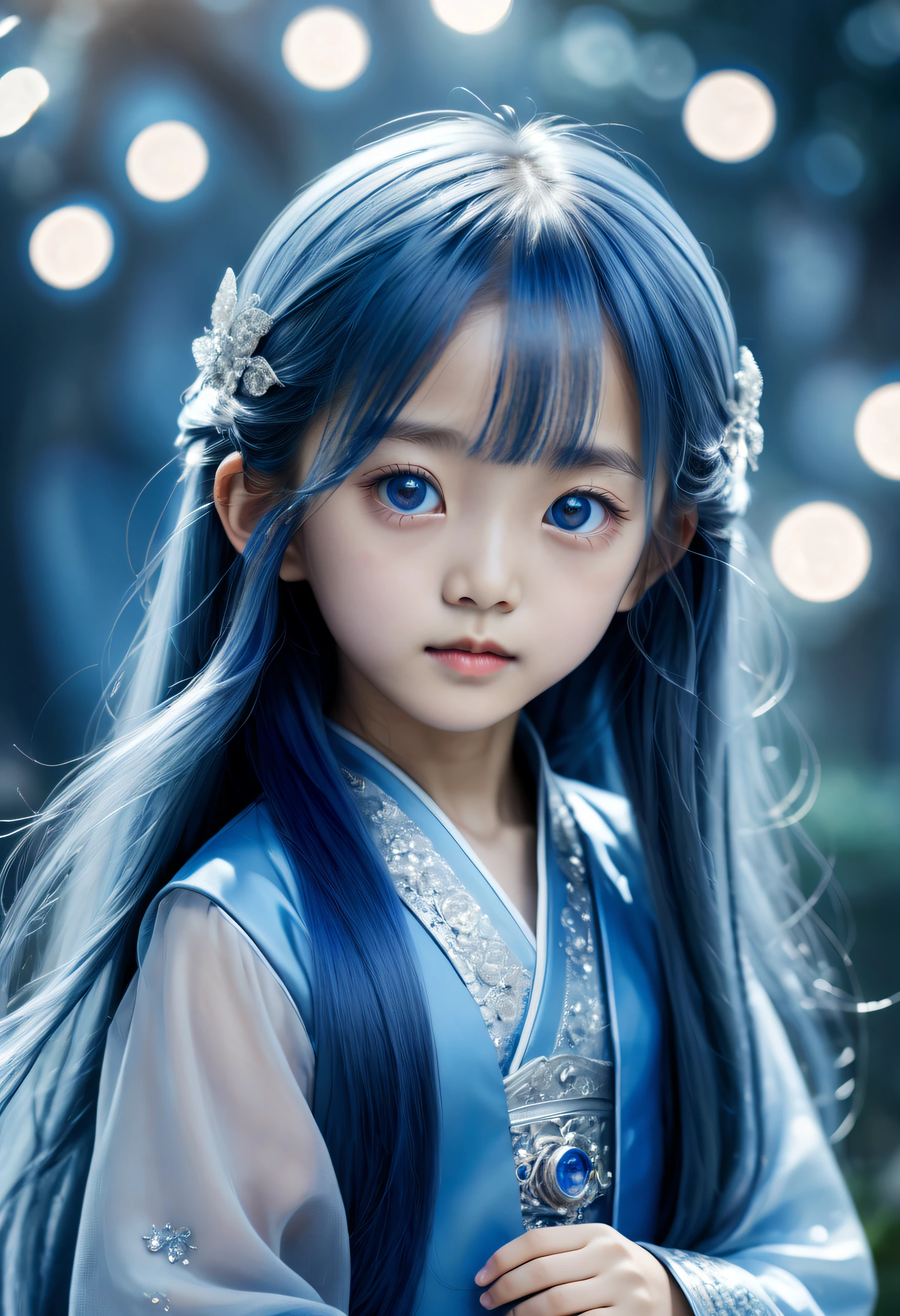 An 8--old nese girl with long blue hair, big eyes, silver, sapphire color, fantasy engine, dreamlike scene, sparkling, shot with Fuji camera, realistic, super realistic, 16k, full body photo,