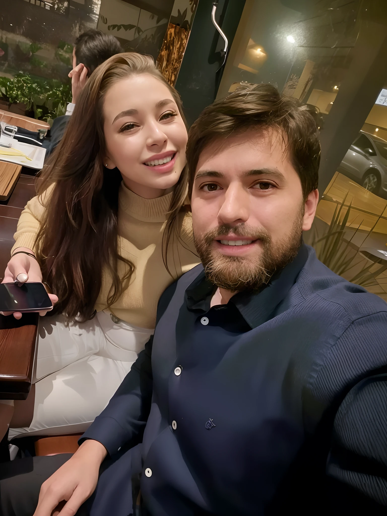 There is a man and a woman sitting at a table with a cell phone, Fotografia selfie 8k, Ayanamikodon e Irakli Nadar, Aykut Aydogdu, Casal feliz, imagem de qualidade muito baixa, Lovely couple, casal sorridente, Directed by: Nandor Soldier, foto do snapchat, Valentina Embaralhamento, Directed by: David Ruby