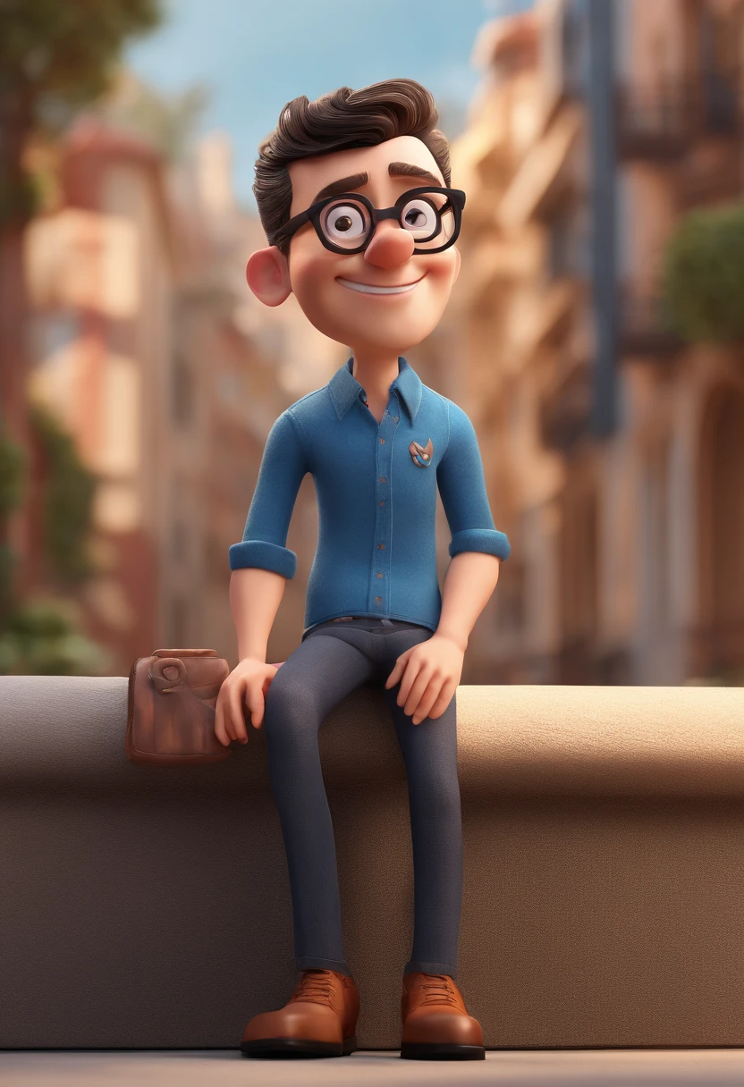 Cartoon character of a man with black glasses and a blue shirt, animation character, Caractere estilizado, animation style rendering, 3D estilizado, Arnold Maya render, 3 d render stylized, toon render keyshot, Personagem 3D, Personagem 3D, 3d rendering stylized, 3 d character render, personagem de desenho animado, Personagem de close up, Pose de personagem,  (Estilo Pixar) (master part:1.2) (Bokeh) (best quality) (pele detalhada) (textura detalhada) (8k) (argila) (Cinematic lighting) (foco nítido