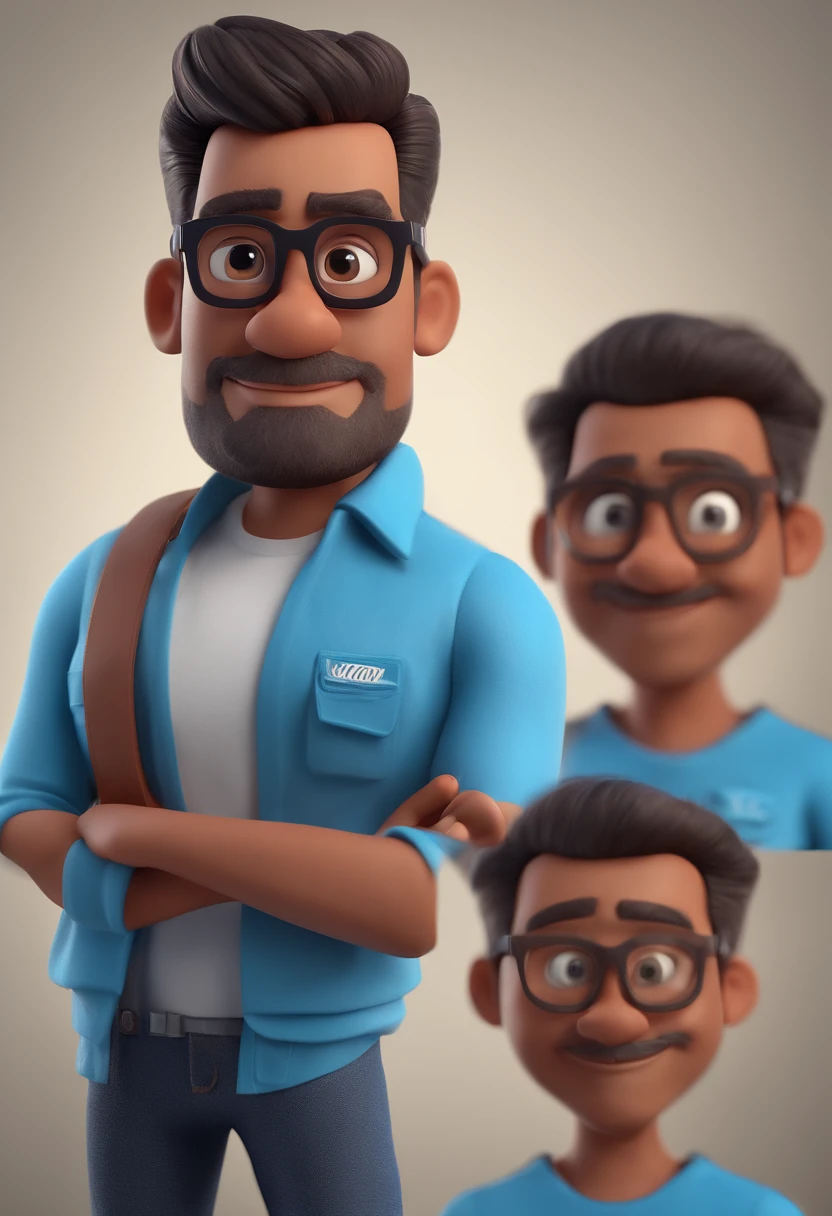 Cartoon character of a man with black glasses and a blue shirt, animation character, Caractere estilizado, animation style rendering, 3D estilizado, Arnold Maya render, 3 d render stylized, toon render keyshot, Personagem 3D, Personagem 3D, 3d rendering stylized, 3 d character render, personagem de desenho animado, Personagem de close up, Pose de personagem, (Estilo Pixar) (master part:1.2) (Bokeh) (best quality) (pele detalhada) (textura detalhada) (8k) (argila) (Cinematic lighting) (foco nítido