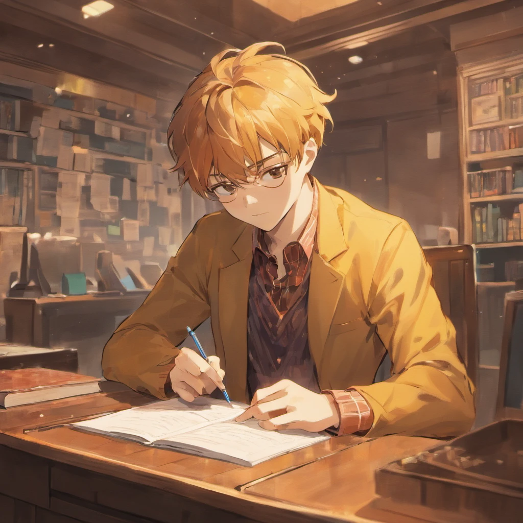 A handsome male college student studying at a desk,orthofacial