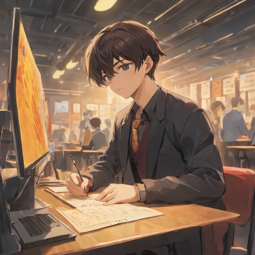 A handsome male college student studying at a desk，orthofacial