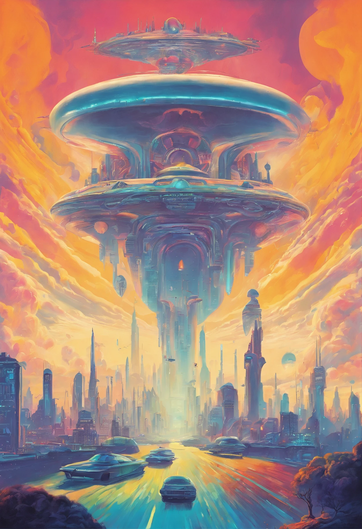 Create an oil painting depicting this futuristic city above the clouds, focusing on the buildings and vehicles.