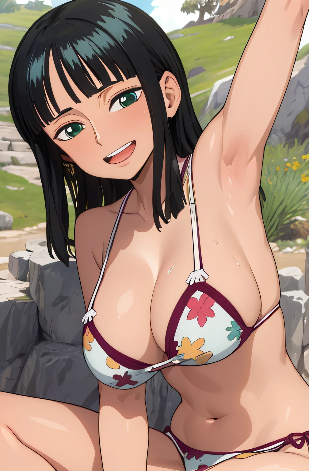 (Obra maestra),La mejor calidad,asombroso,Detalle fino.Profundidad de campo,hermosos ojos detallados, Nico Robin, 1girl,hembra madura,feliz,sonrisa ligera, bikini, barriga, breasts, armpits